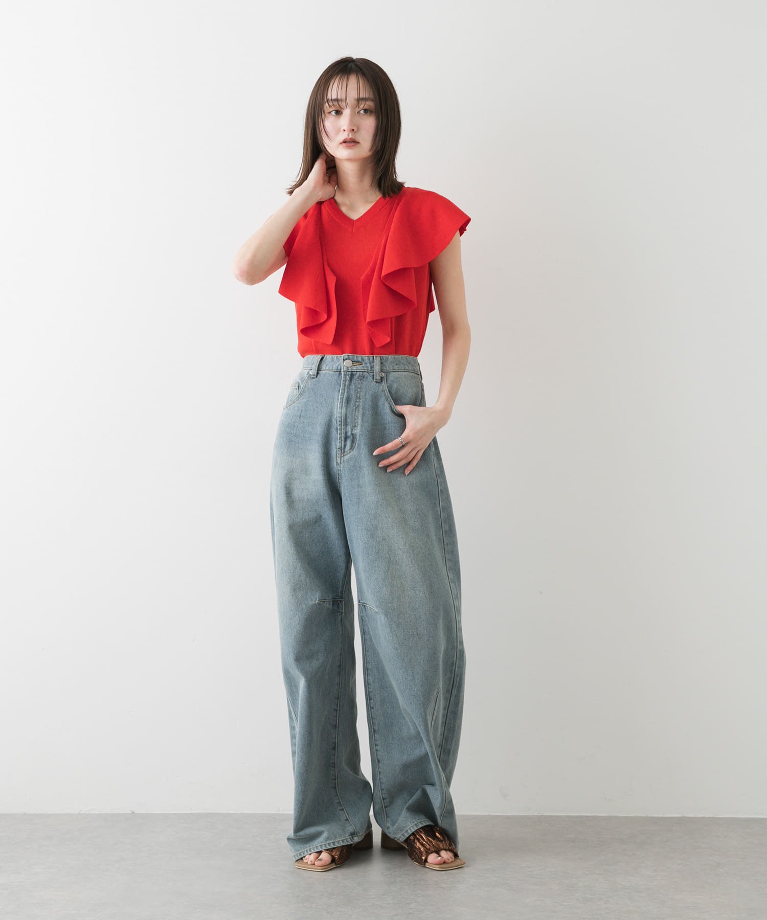 スクエアトゥメタリックギャザーサンダル BROWN S