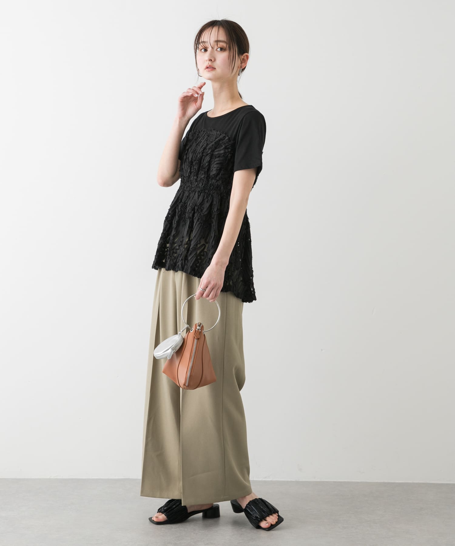 スクエアトゥメタリックギャザーサンダル BLACK S