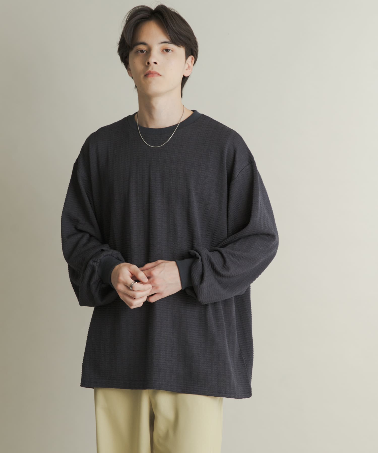 ライトワッフルクルーネックロングTシャツ