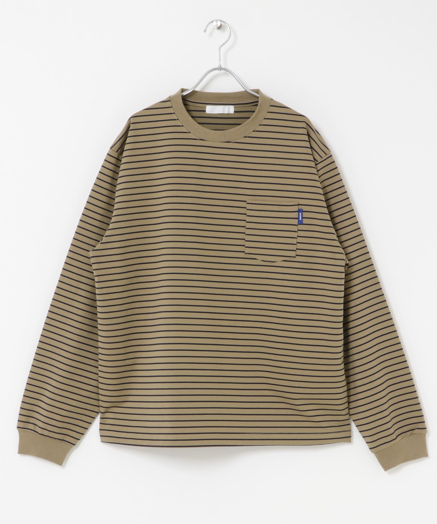 コットンクルーネックロングスリーブTシャツ BEG×NVY M