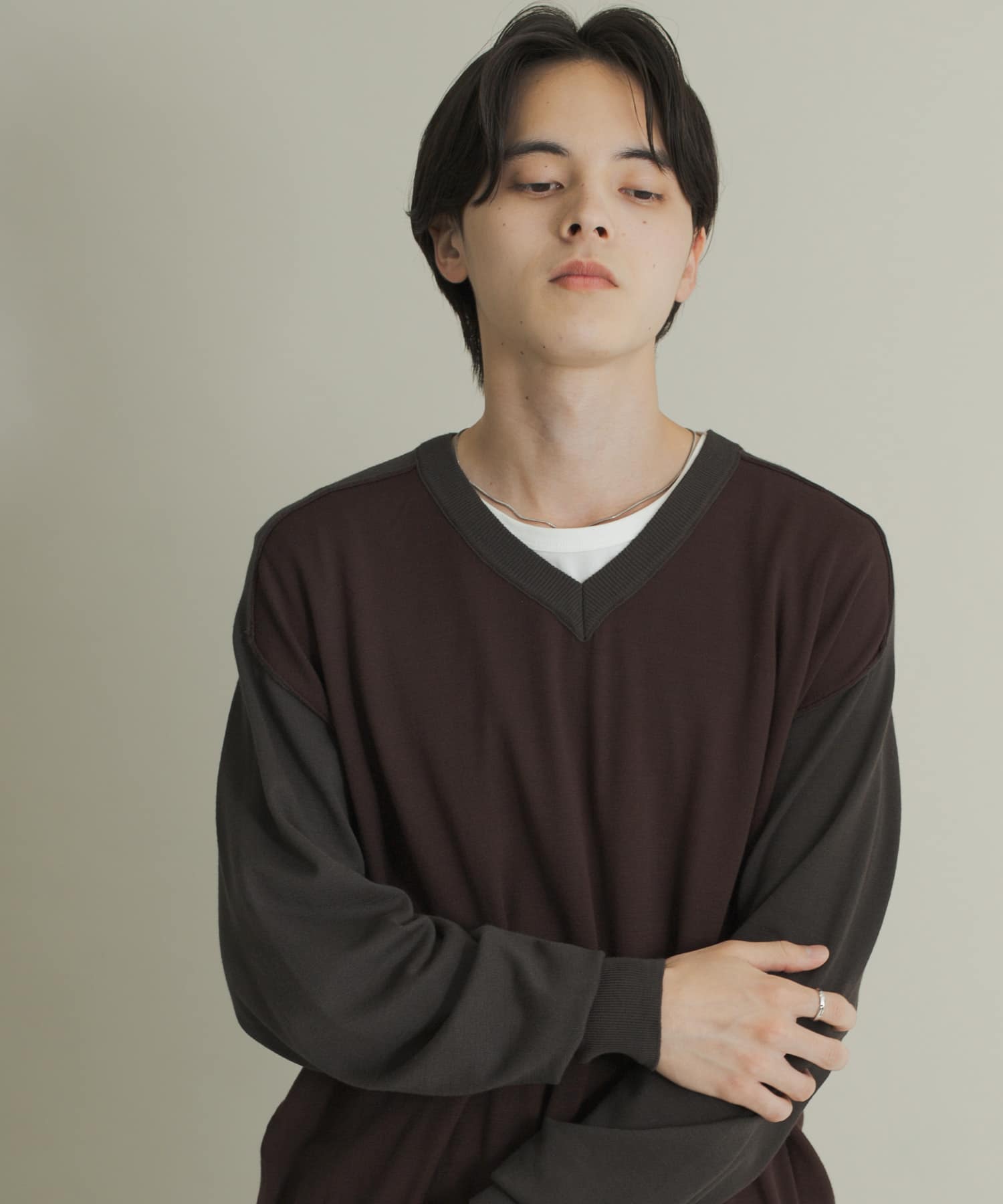 ハイショクVネックニット BRN×CHA M