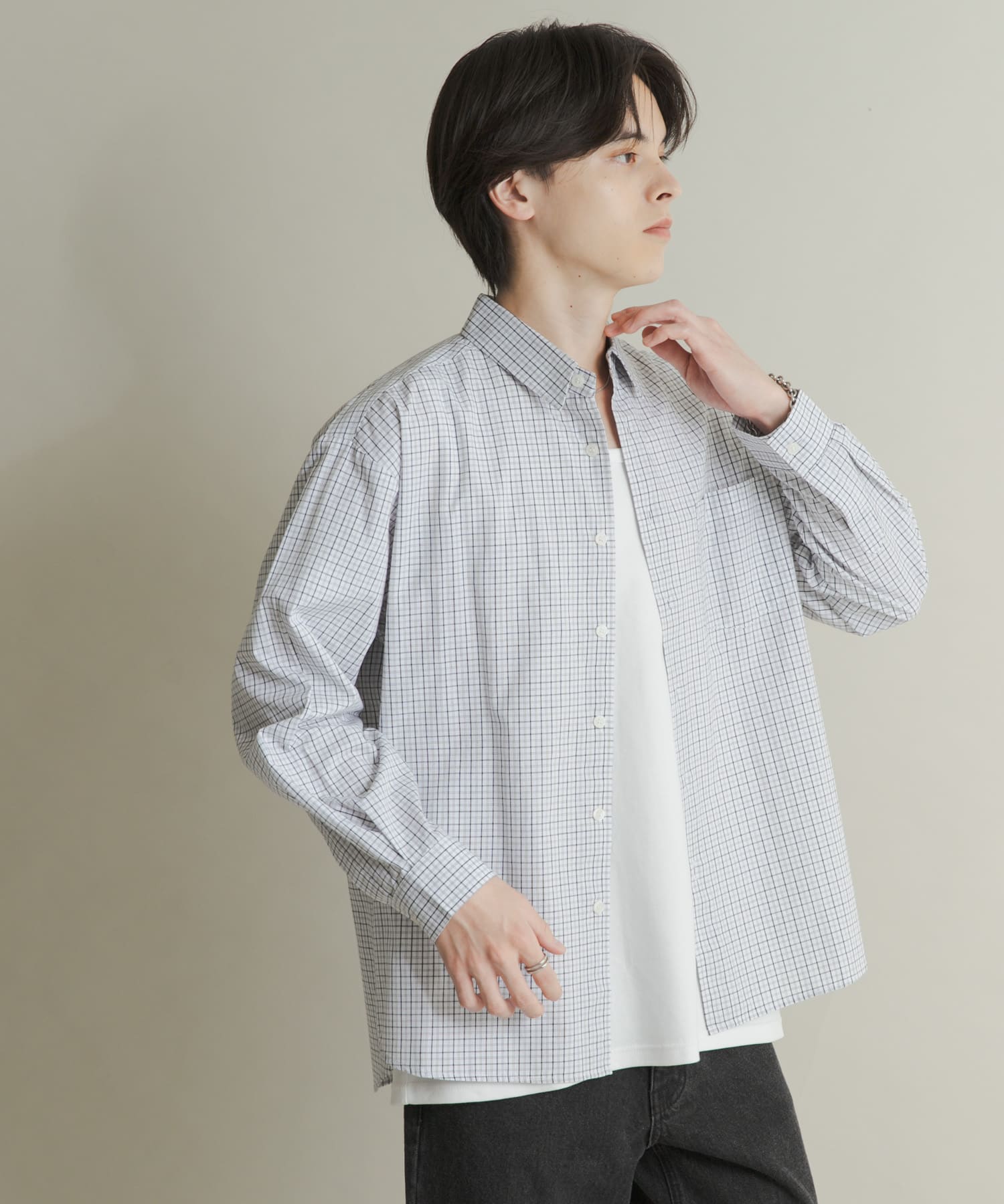 マイクログラフチェックロングスリーブシャツ WHT×BLK M