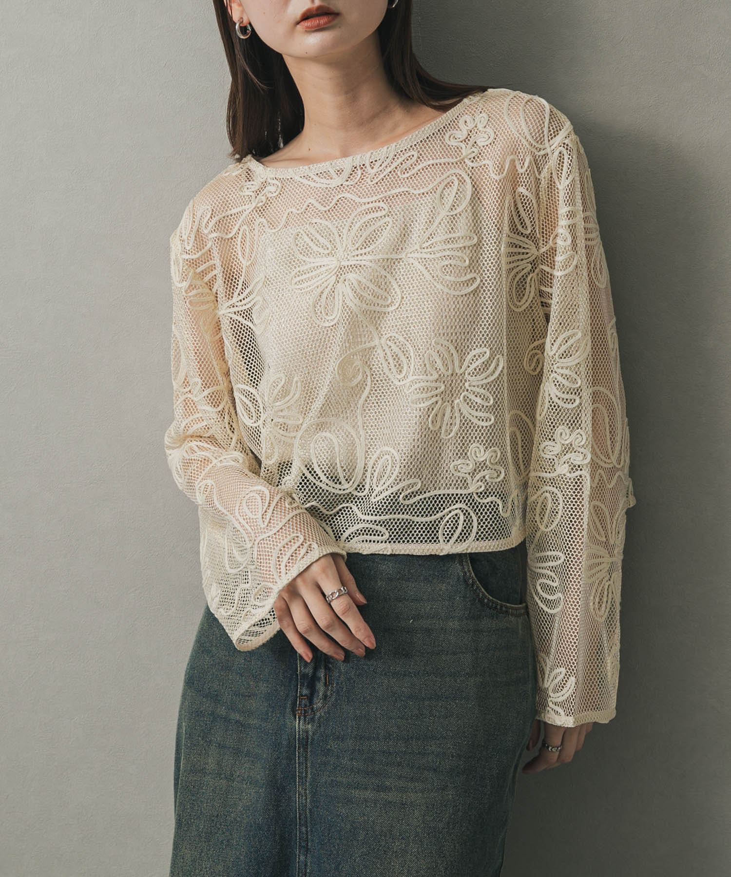 シアーアセテートカットトップ シアーオフショルギャザーカットトップス（Tシャツ/カットソー