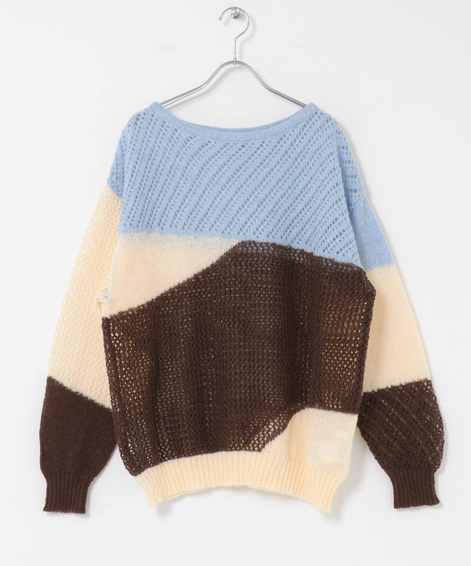 パッチワークメッシュセーター BLU×BRN one