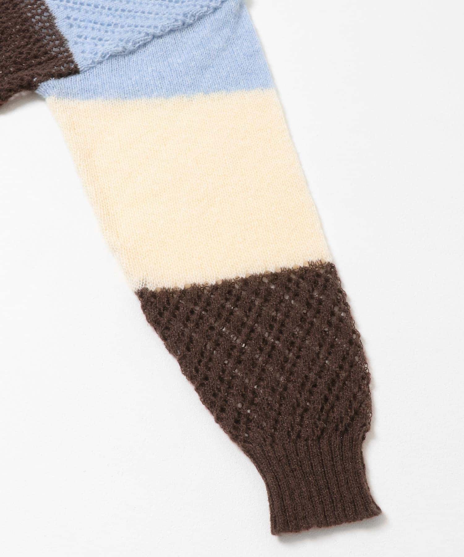 パッチワークメッシュセーター BLU×BRN one