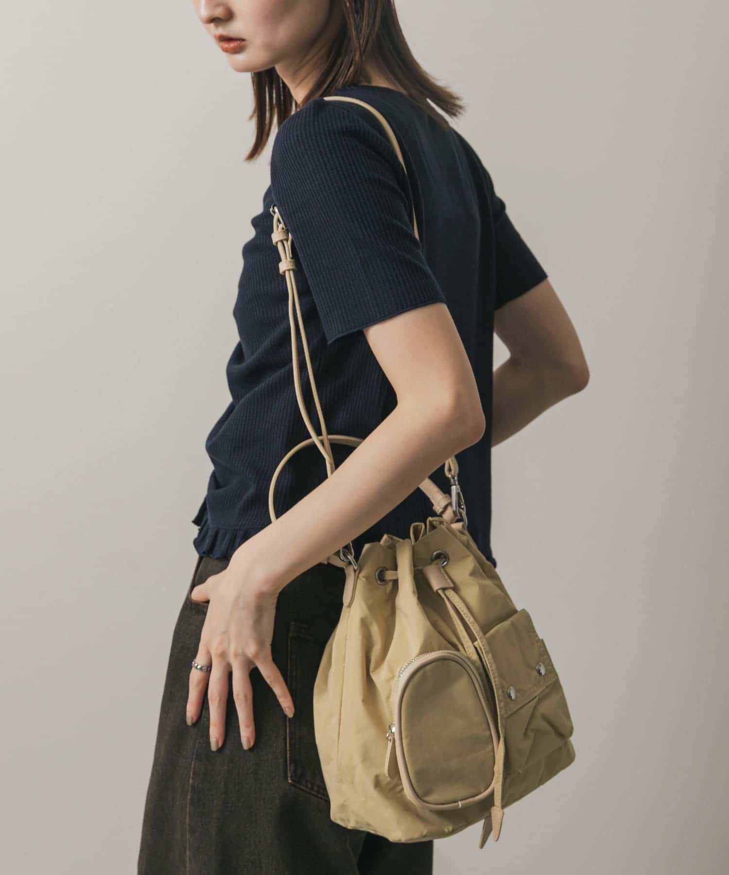 撥水2WAYマルチポケットナイロンバッグ BEIGE one