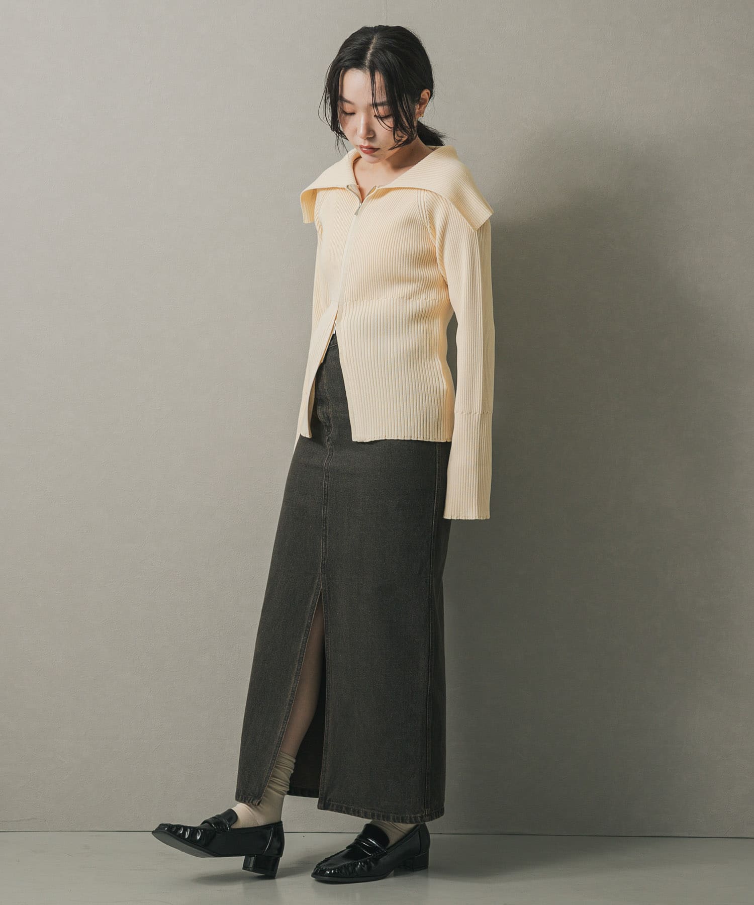 メタリックギャザーローファー BLACK S