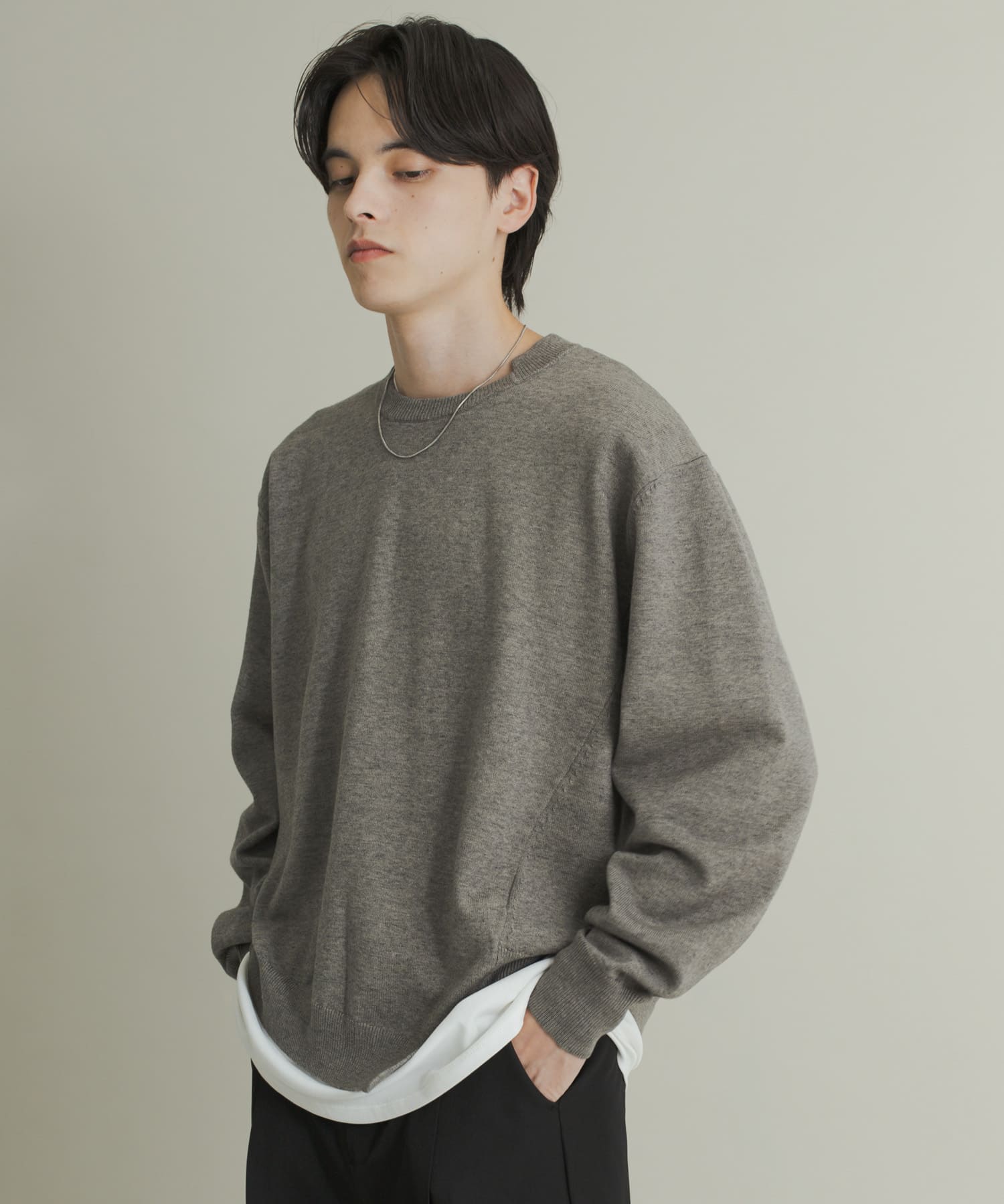 アシメクルーネックニット GRAY L