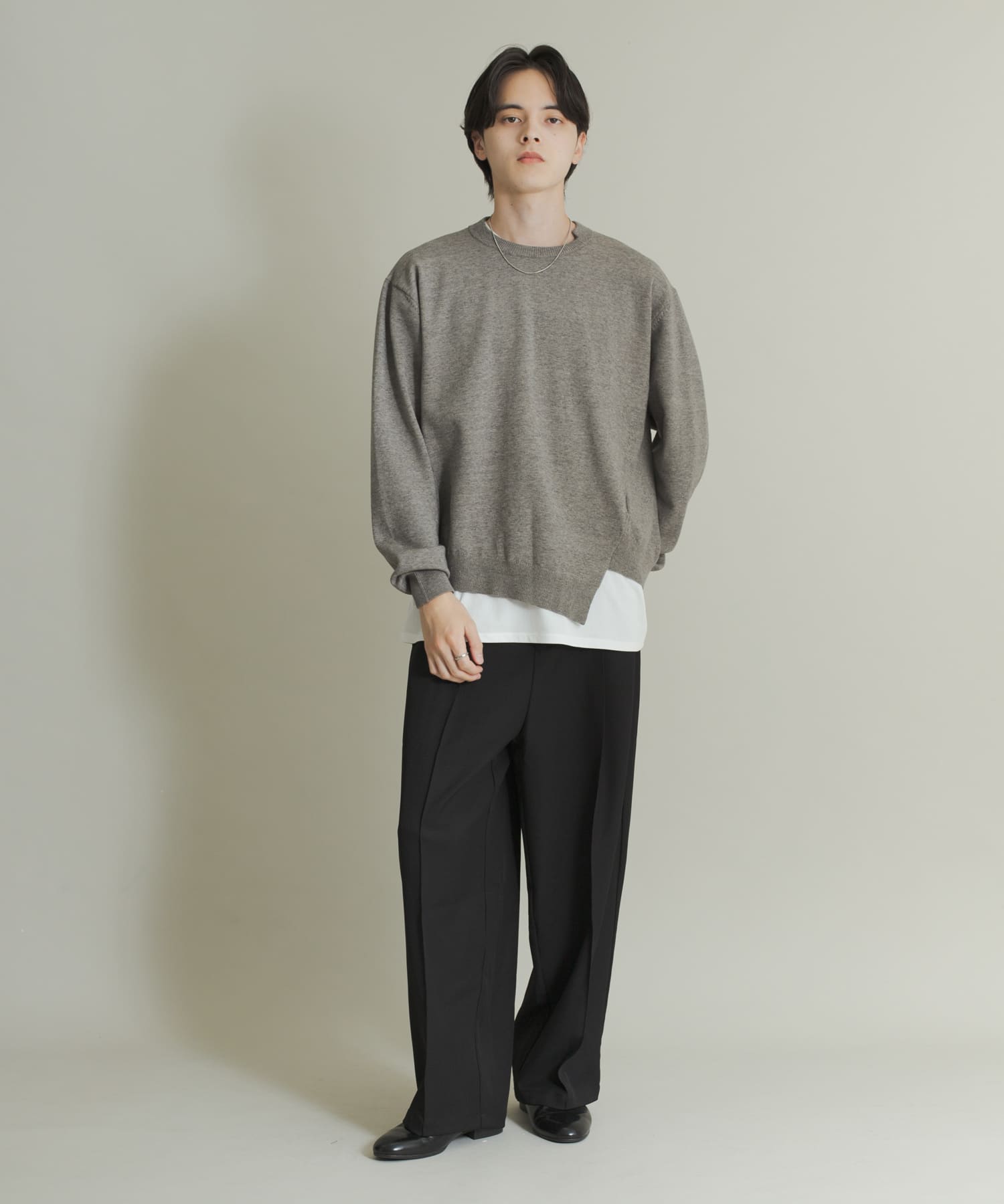 アシメクルーネックニット GRAY L