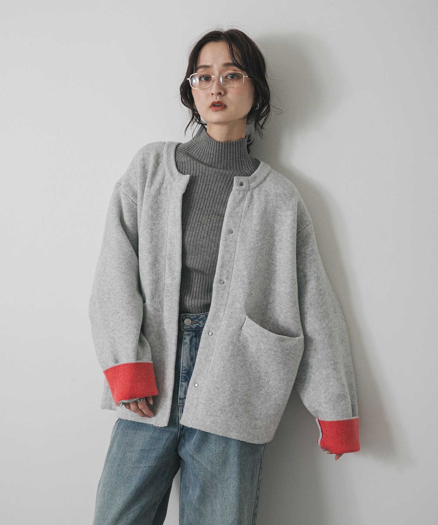 バイカラーニットコート