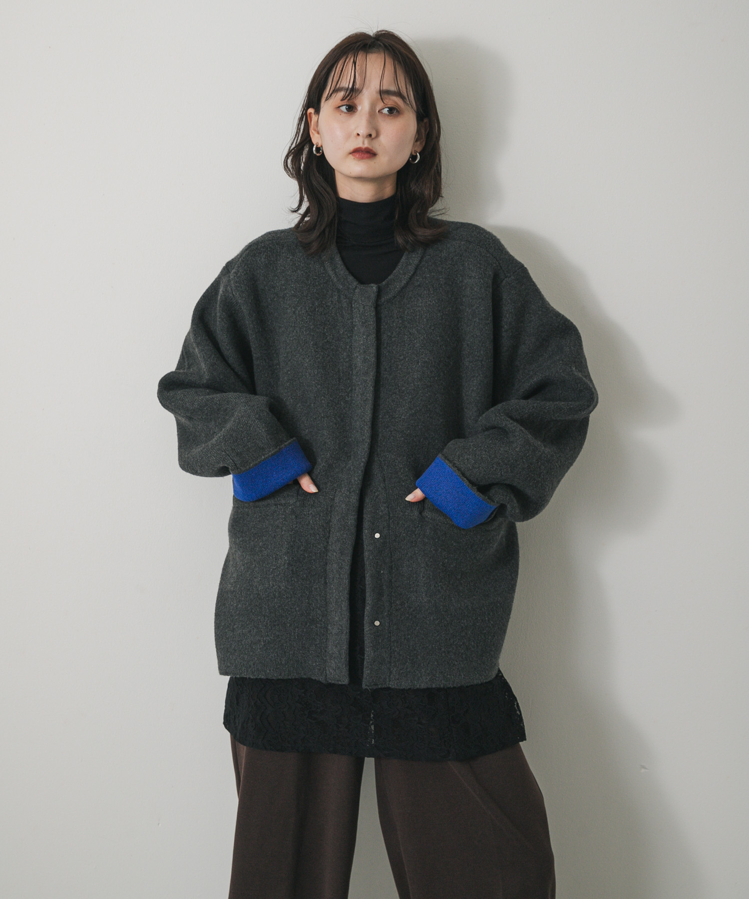 バイカラーニットコート