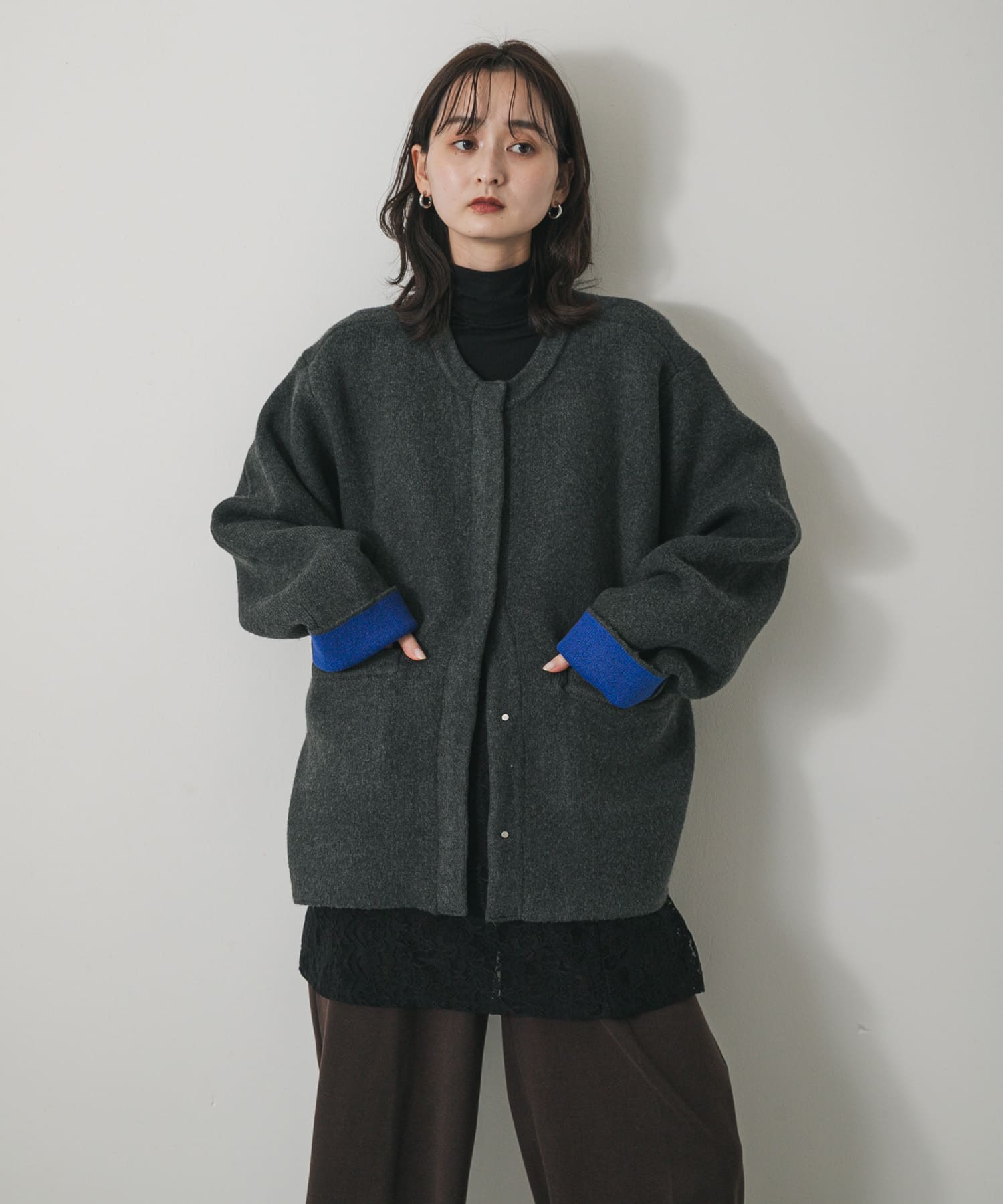 バイカラーニットコート