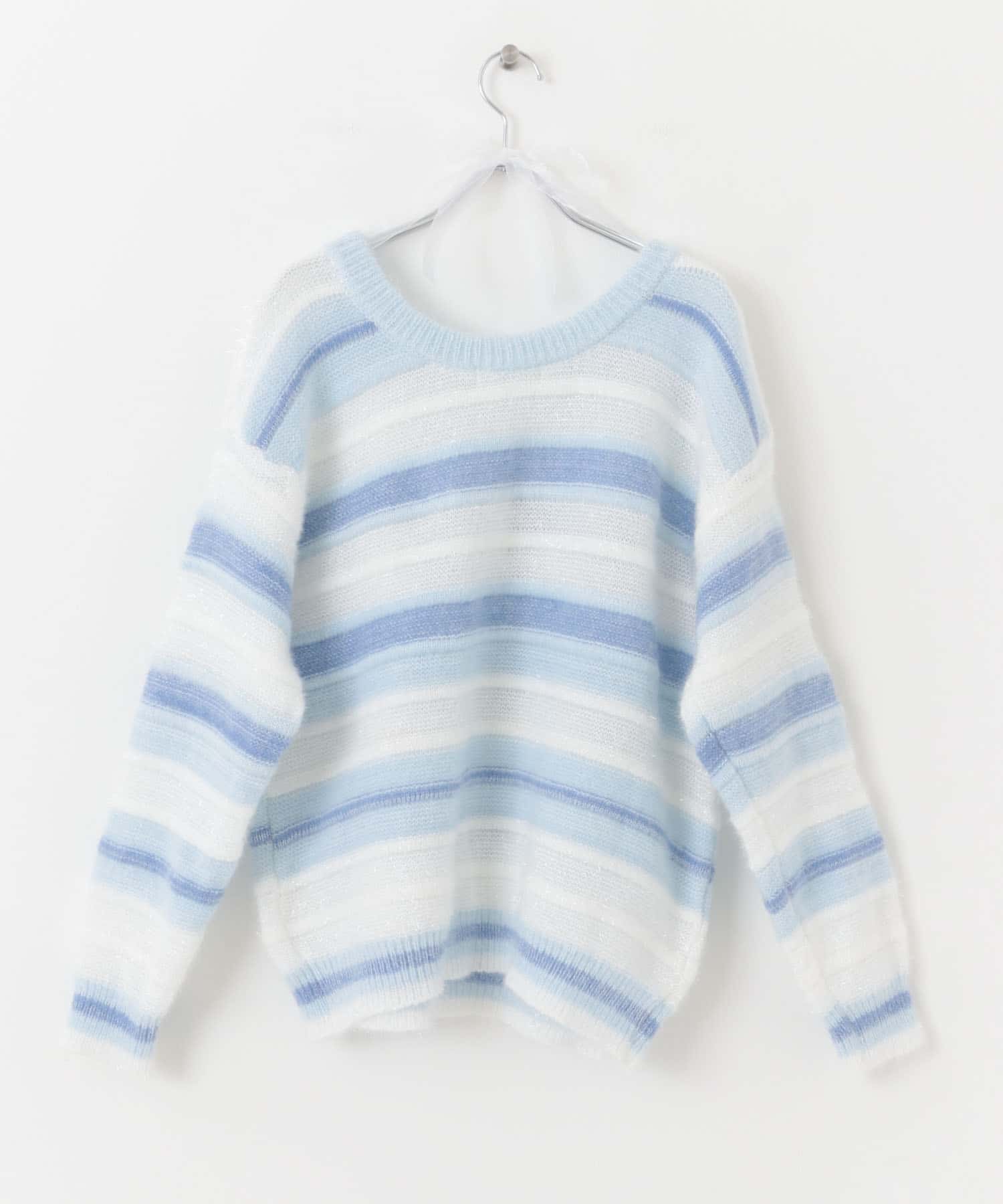 キラキラストライプルーズニットトップ BLUE one