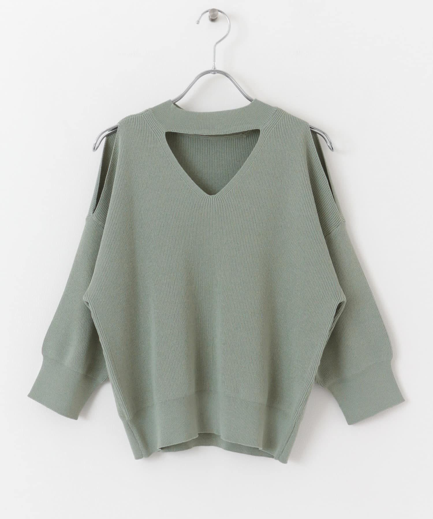 カットアウトハイネックセーター(5分袖) KHAKI one