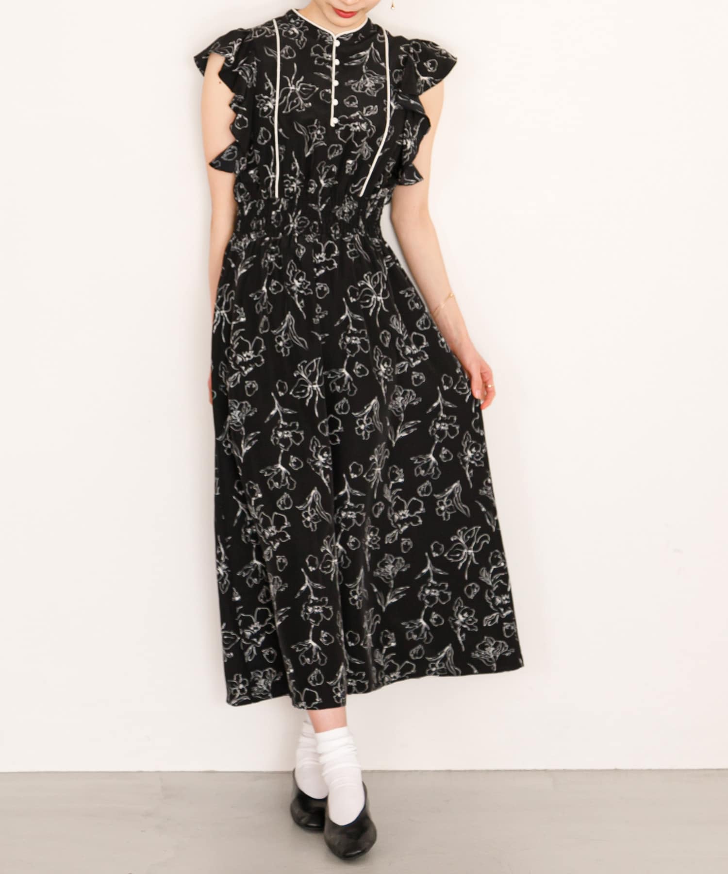 フラワープリントフリルワンピース