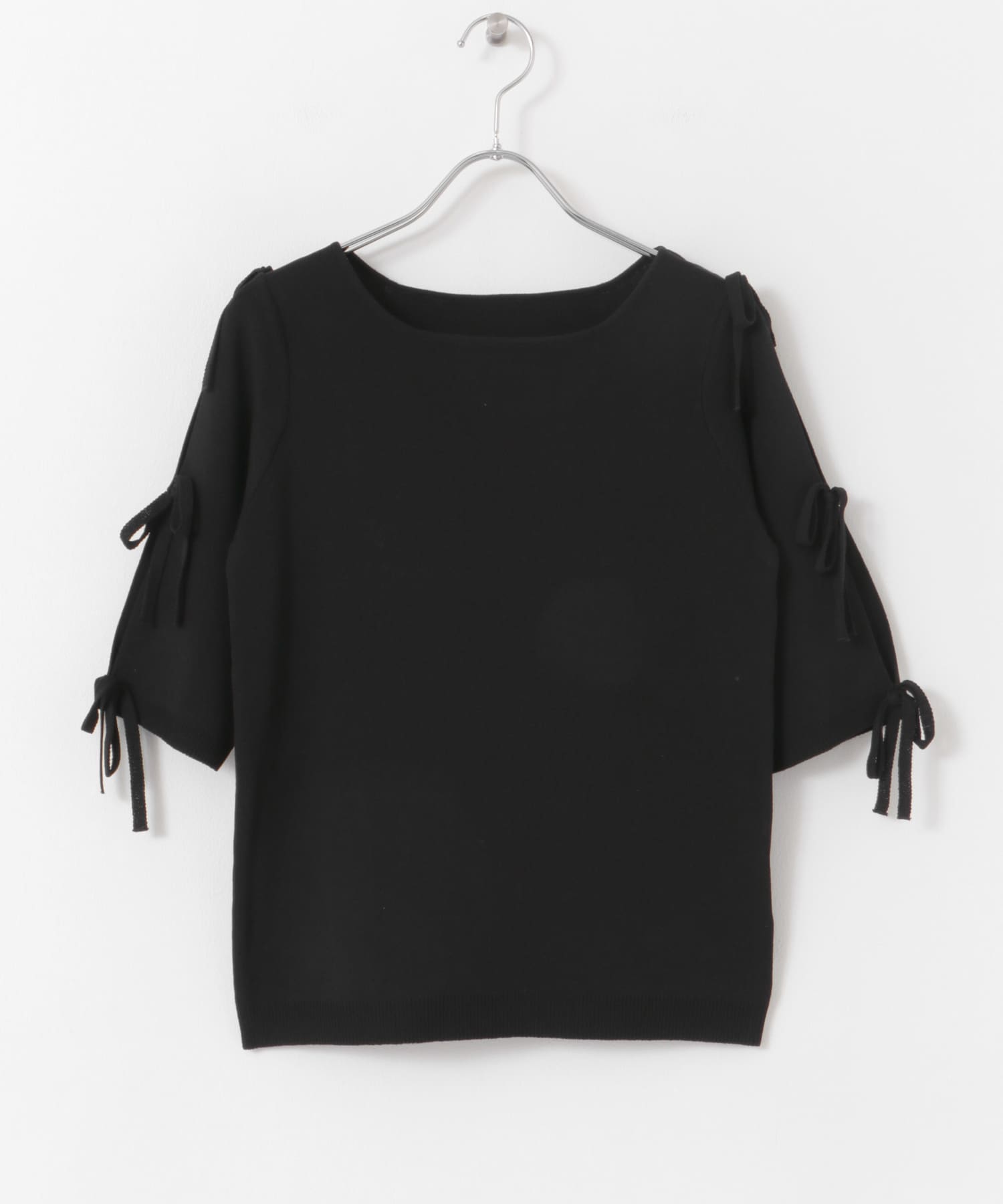リボンスリットスリーブセーター(5分袖) BLACK one