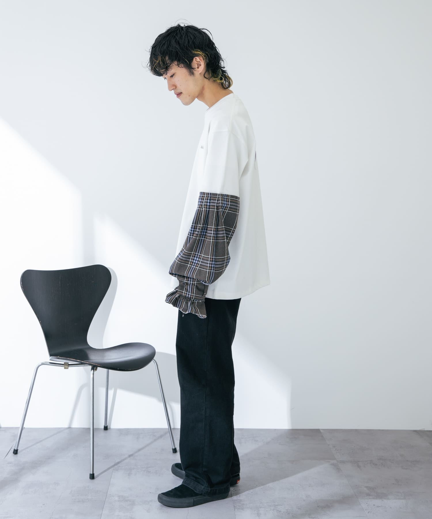 ザ グッドランド マーケット　Cony-check long sleeves WHITE M