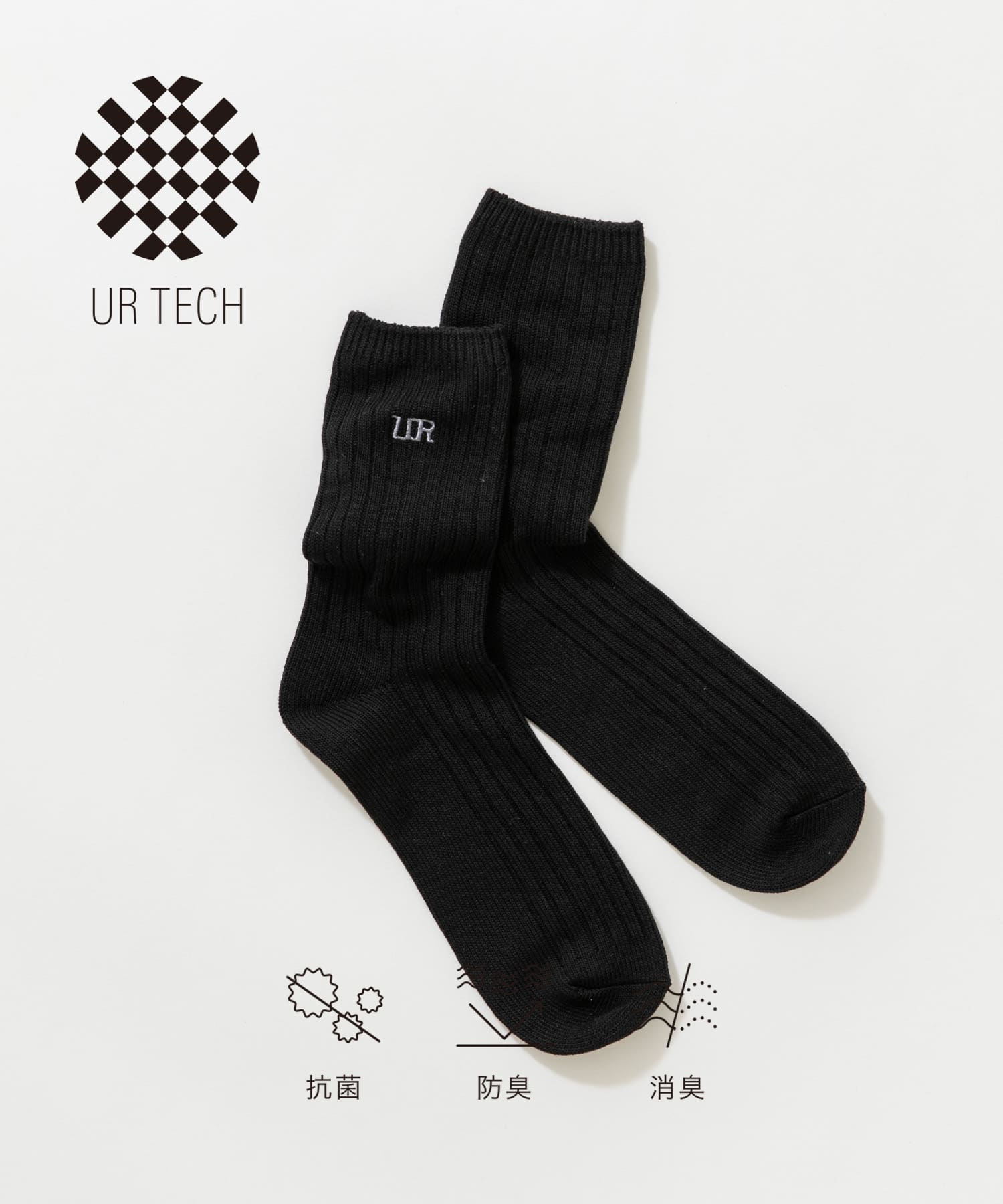 『UR TECH』ロングリブ刺繍ソックス BLACK 25-28