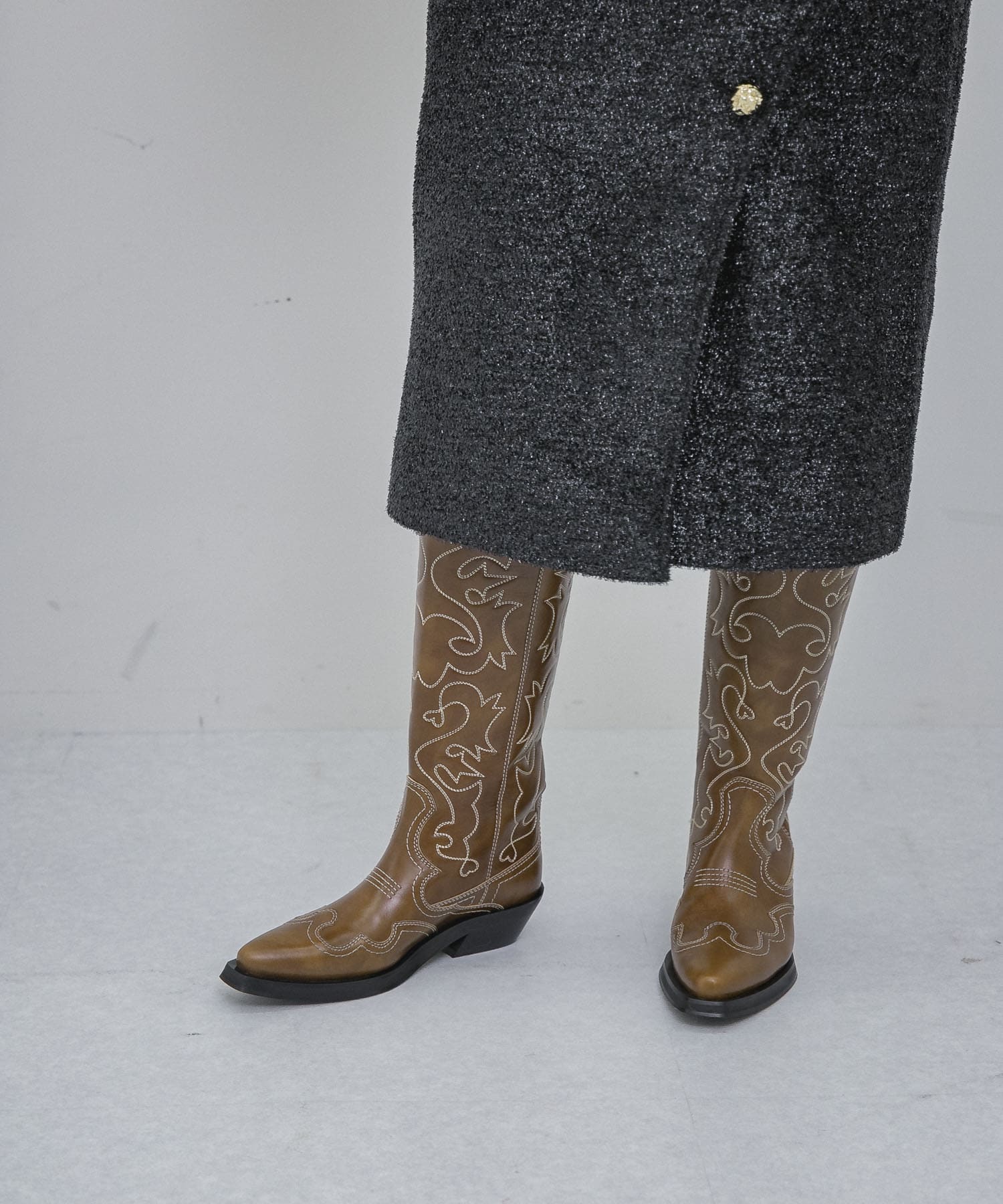 GANNI　Embroidered Western Boot Tigers Eye 36