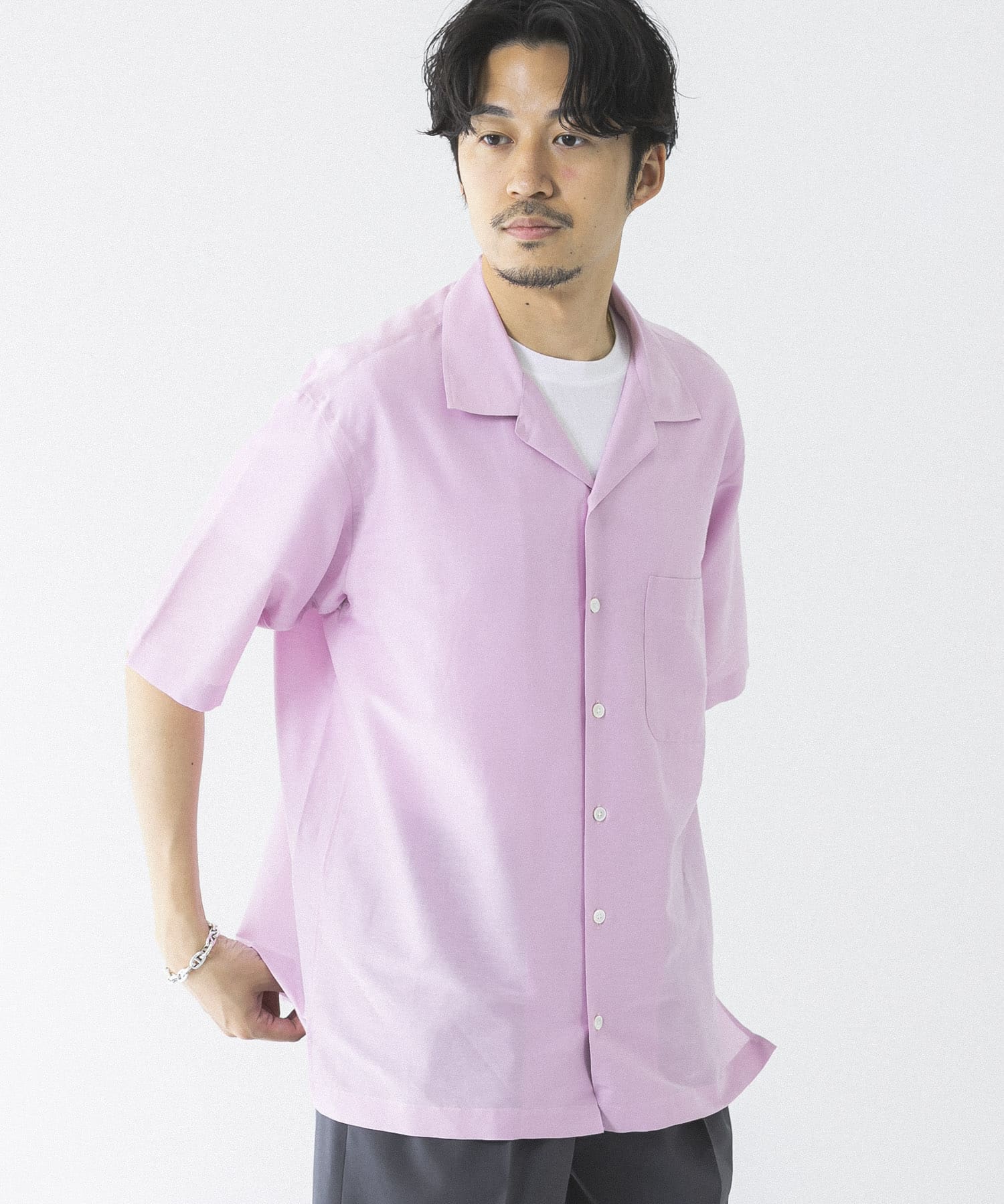 コットンシルクショートスリーブオープンカラーシャツ(M SMOKE/PINK