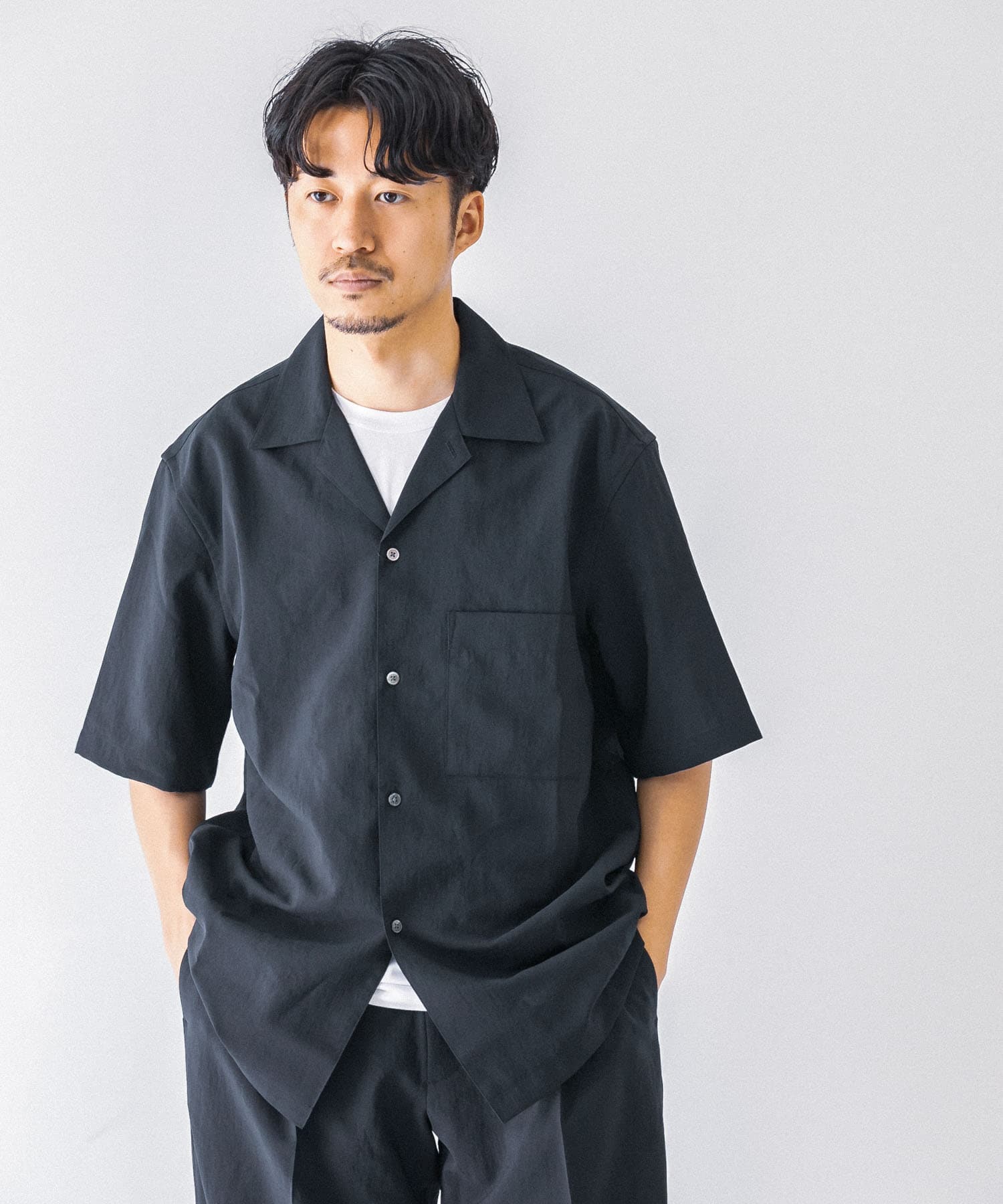 コットンシルクショートスリーブオープンカラーシャツ(M SMOKE/PINK