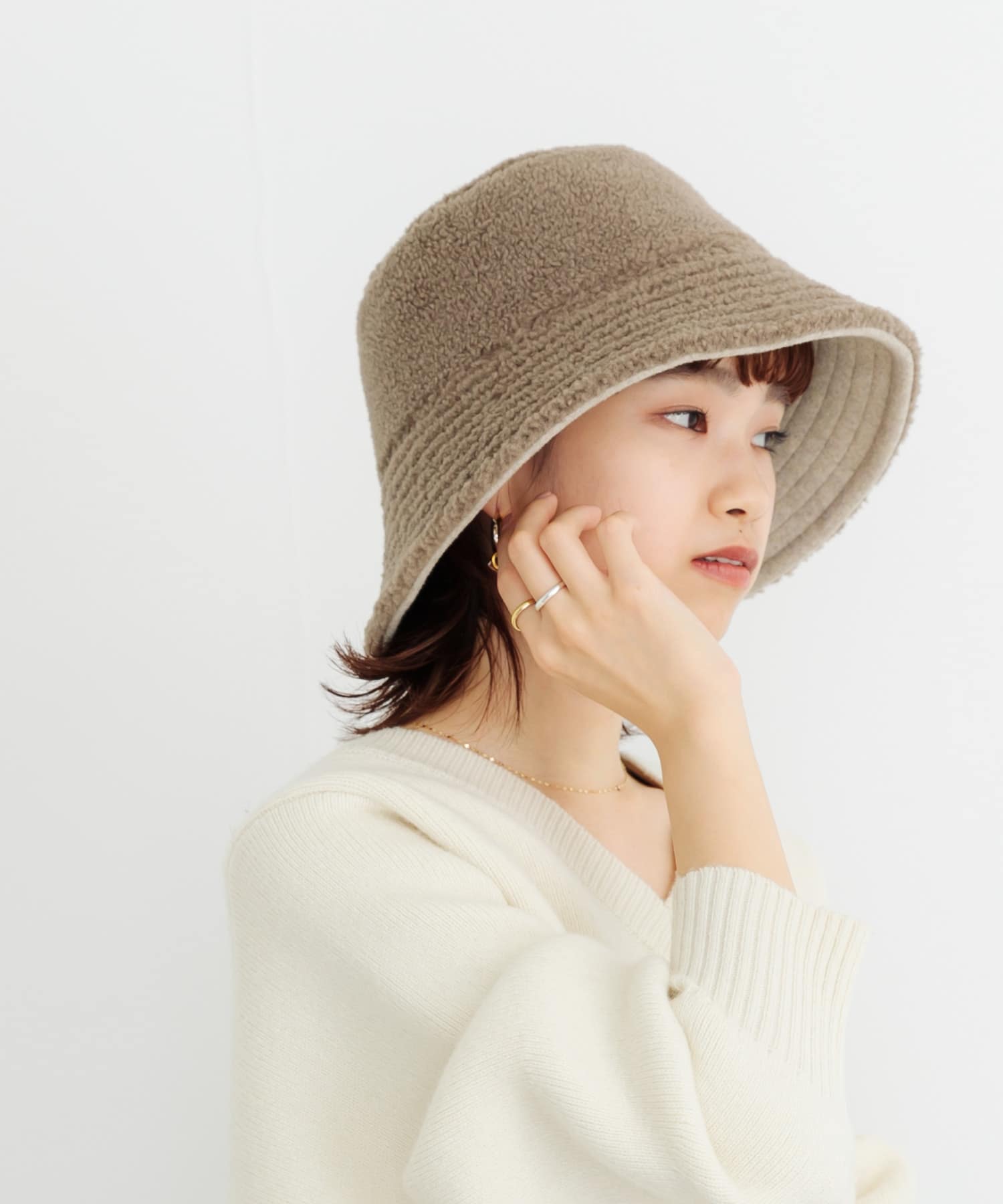 リバーシブルボアバケットハット BEIGE FREE