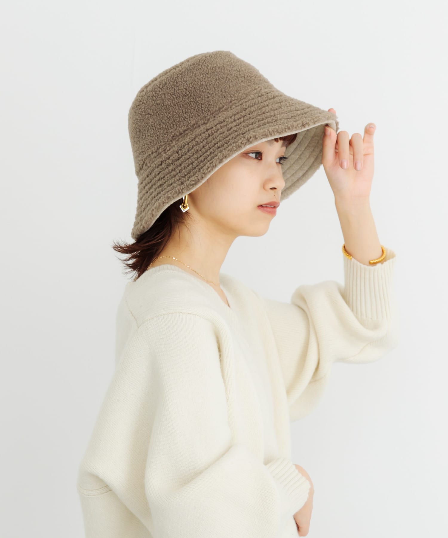 リバーシブルボアバケットハット BEIGE FREE
