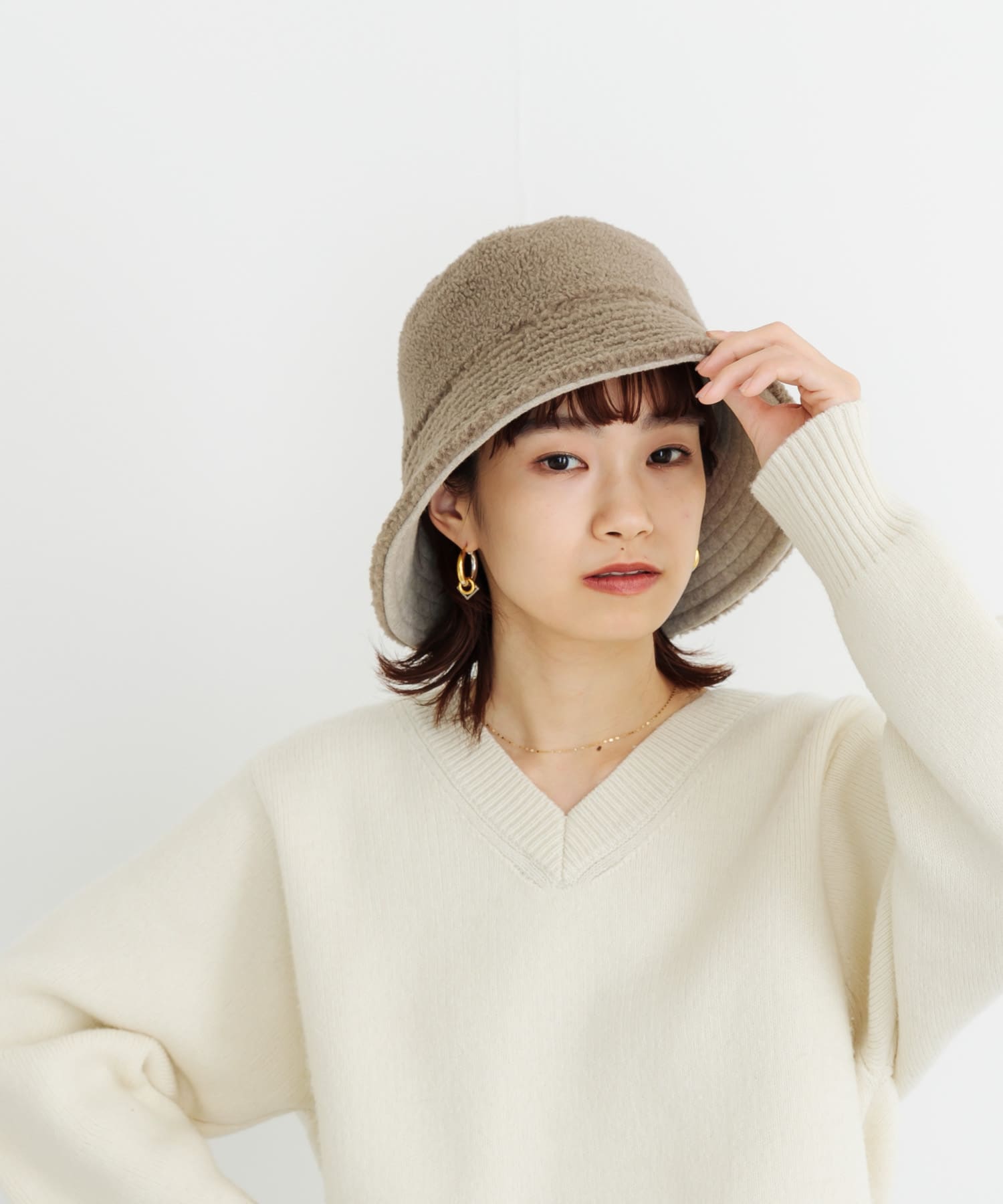 リバーシブルボアバケットハット BEIGE FREE