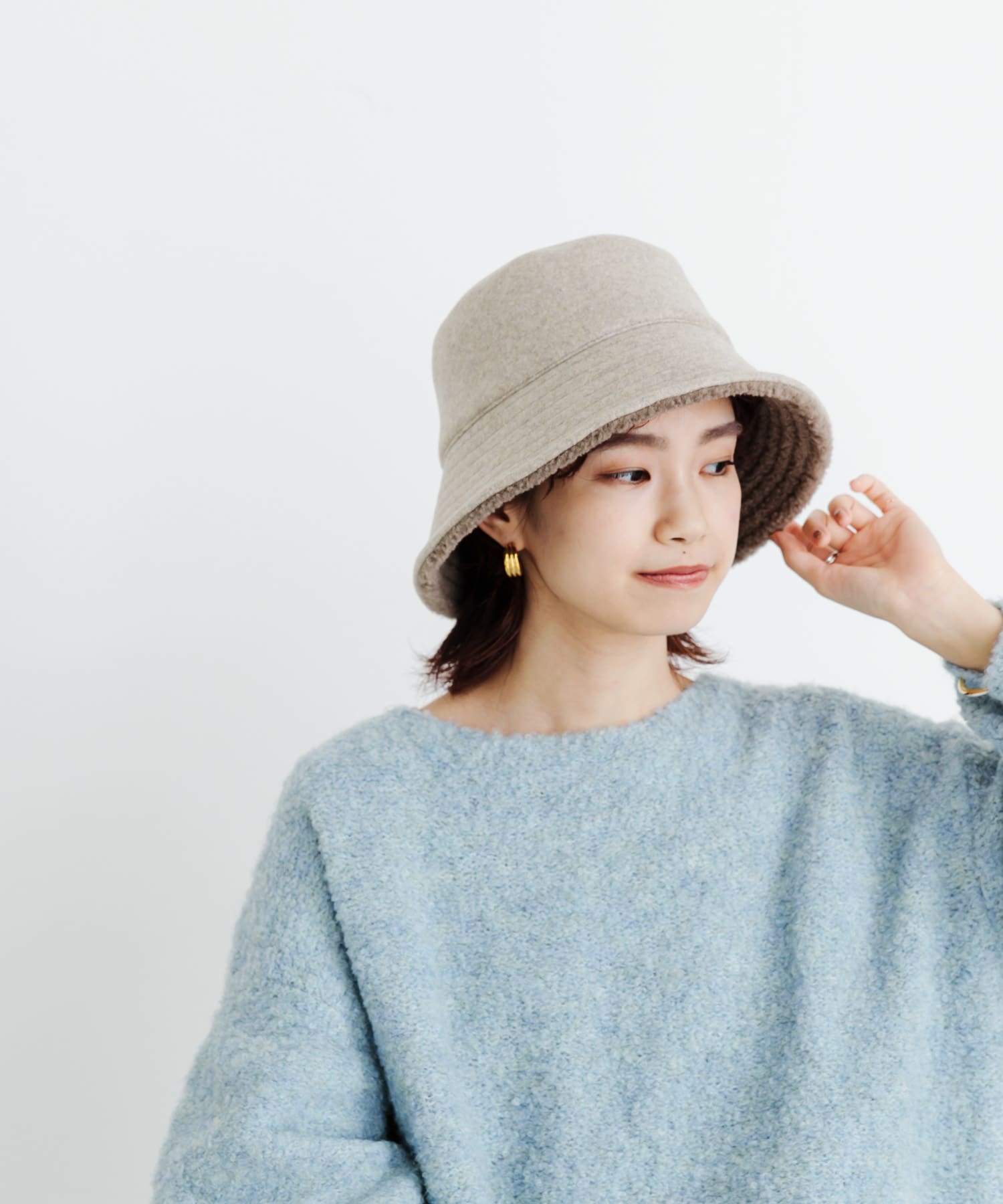 リバーシブルボアバケットハット BEIGE FREE
