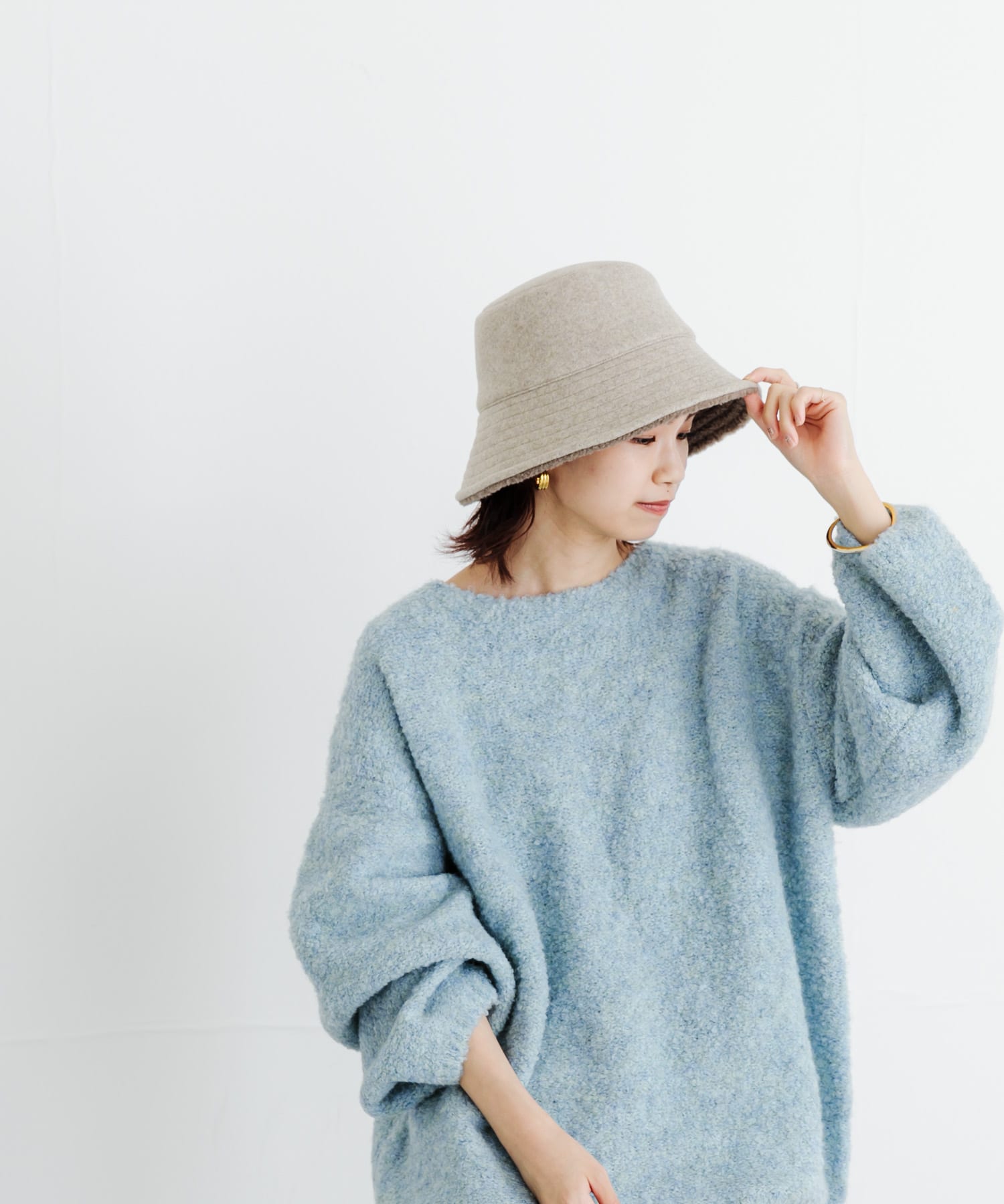 リバーシブルボアバケットハット BEIGE FREE