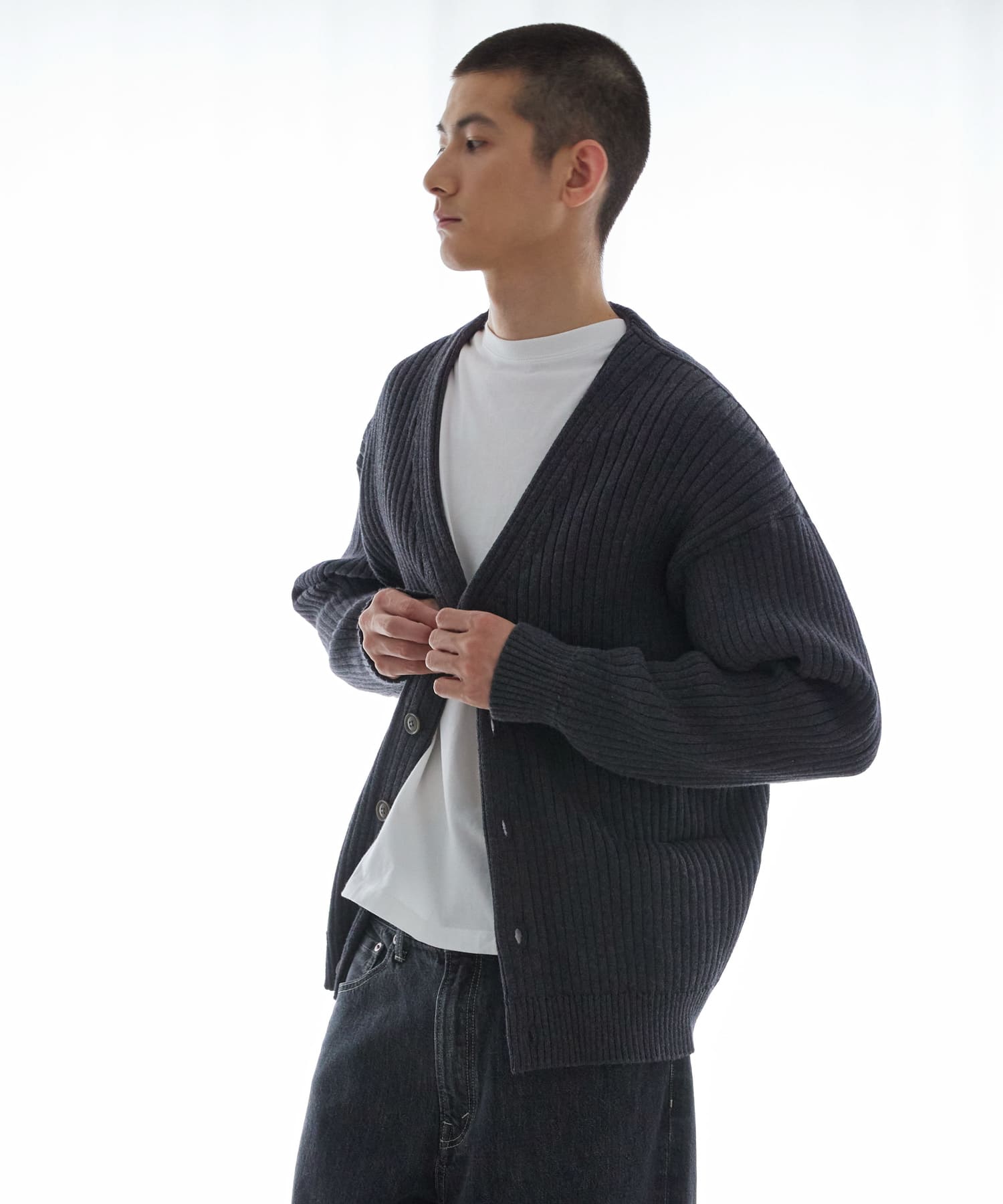 new basic COTTON CASHMERE WIDE RIB CARDIGAN(M CHARCOAL): トップス
