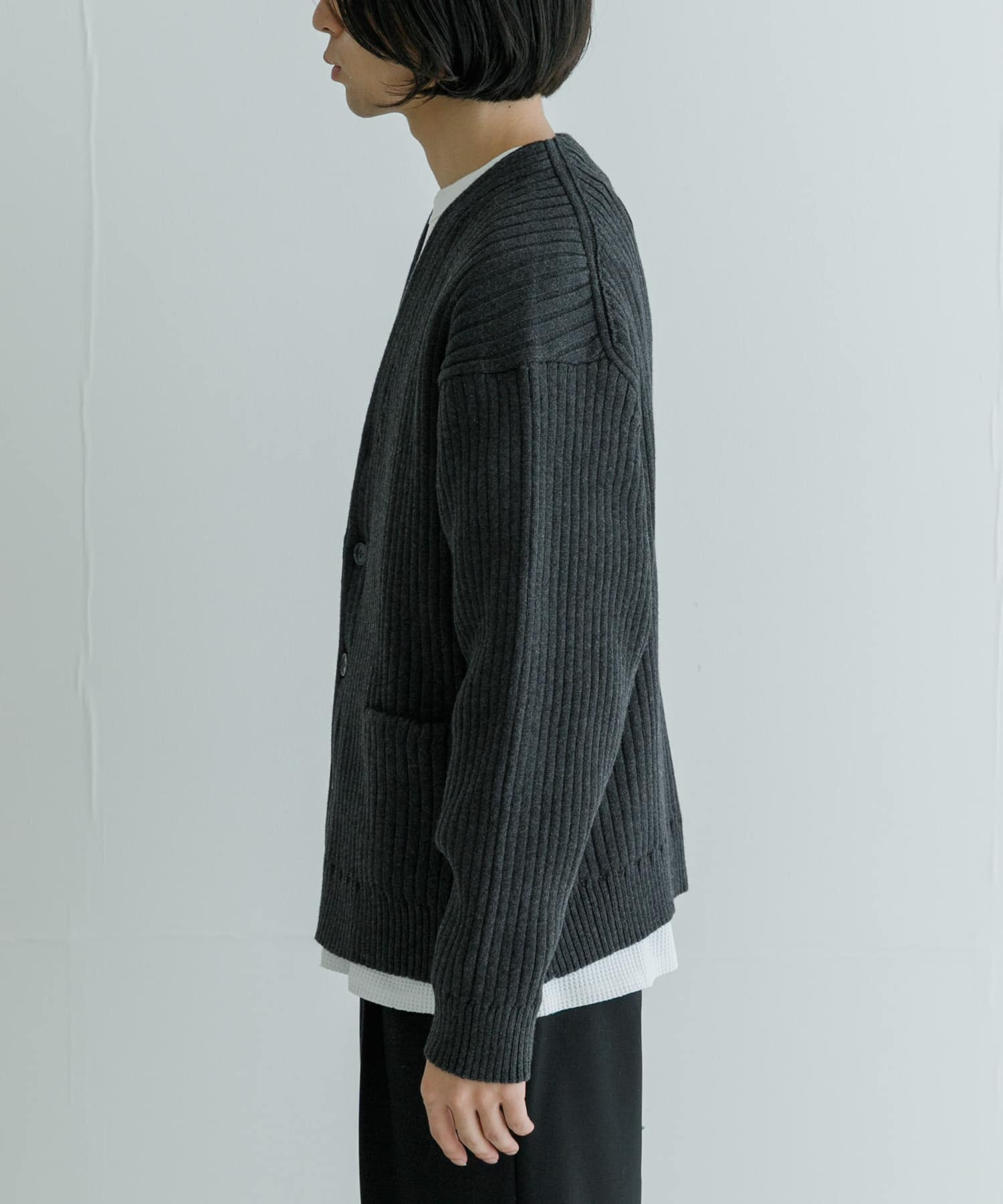new basic COTTON CASHMERE WIDE RIB CARDIGAN(M CHARCOAL): トップス