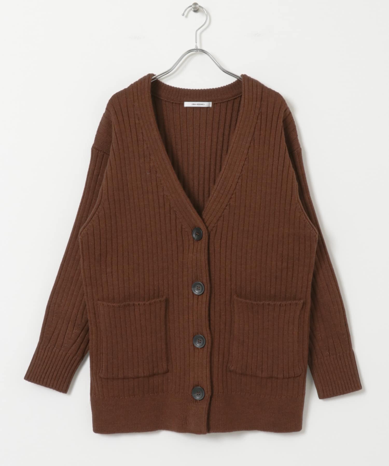 ウールワイドリブVネックカーディガン BROWN FREE