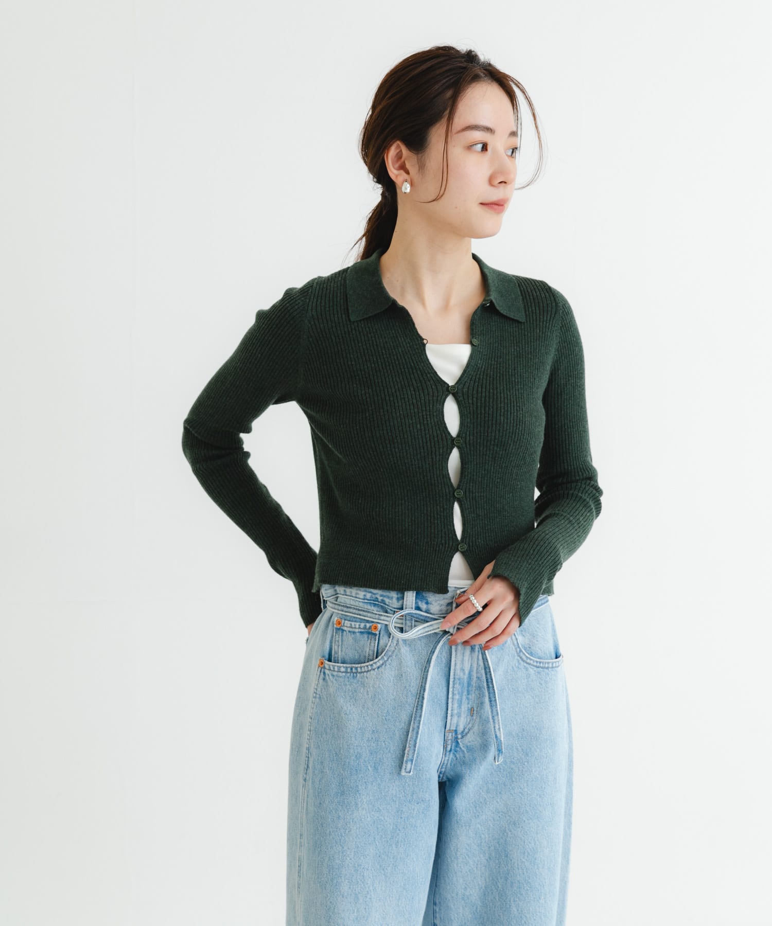 シャツカラーリブニットカーディガン(FREE MOSS GREEN): トップス