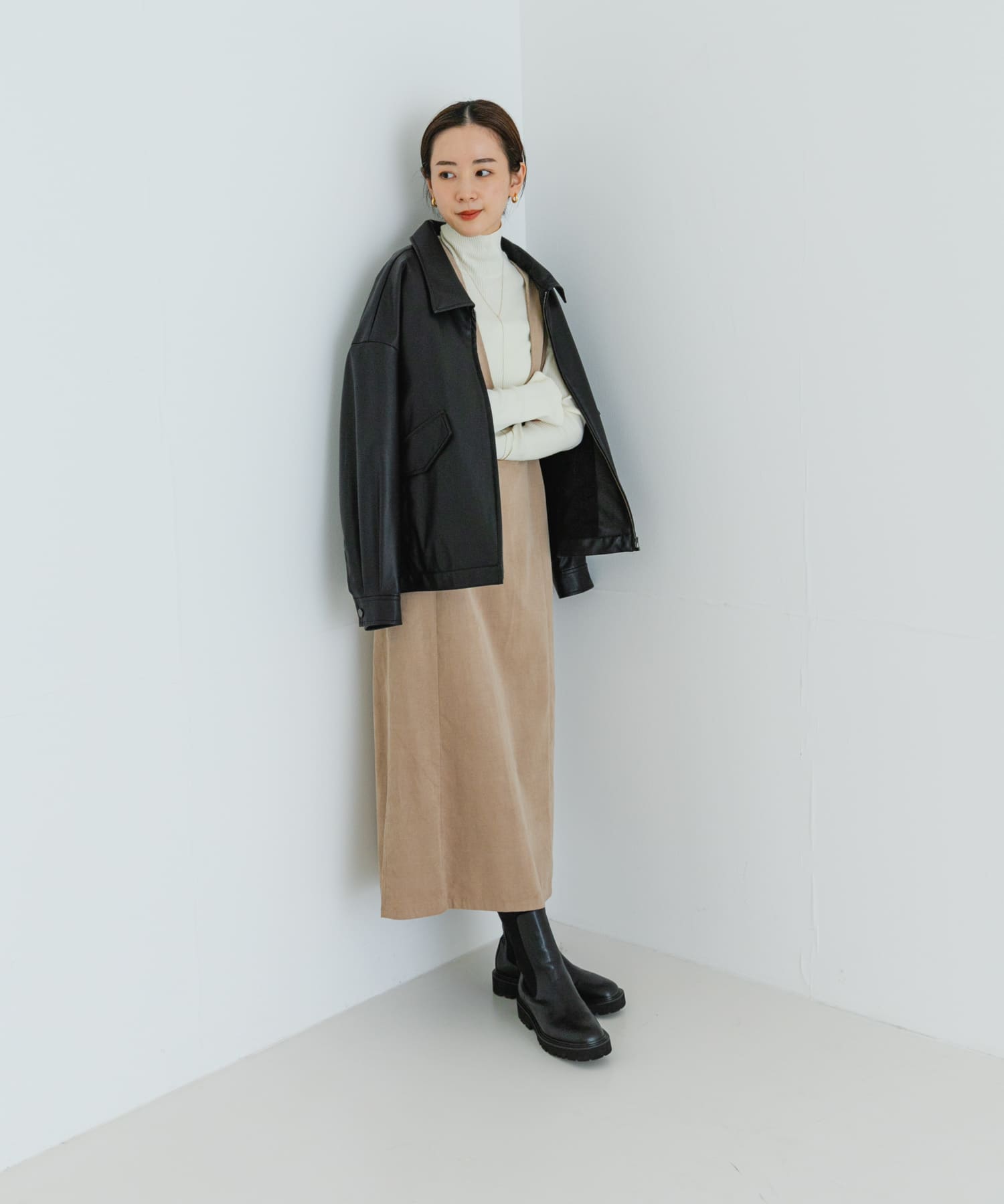 Uネックコーデュロイジャンパーワンピース BEIGE FREE