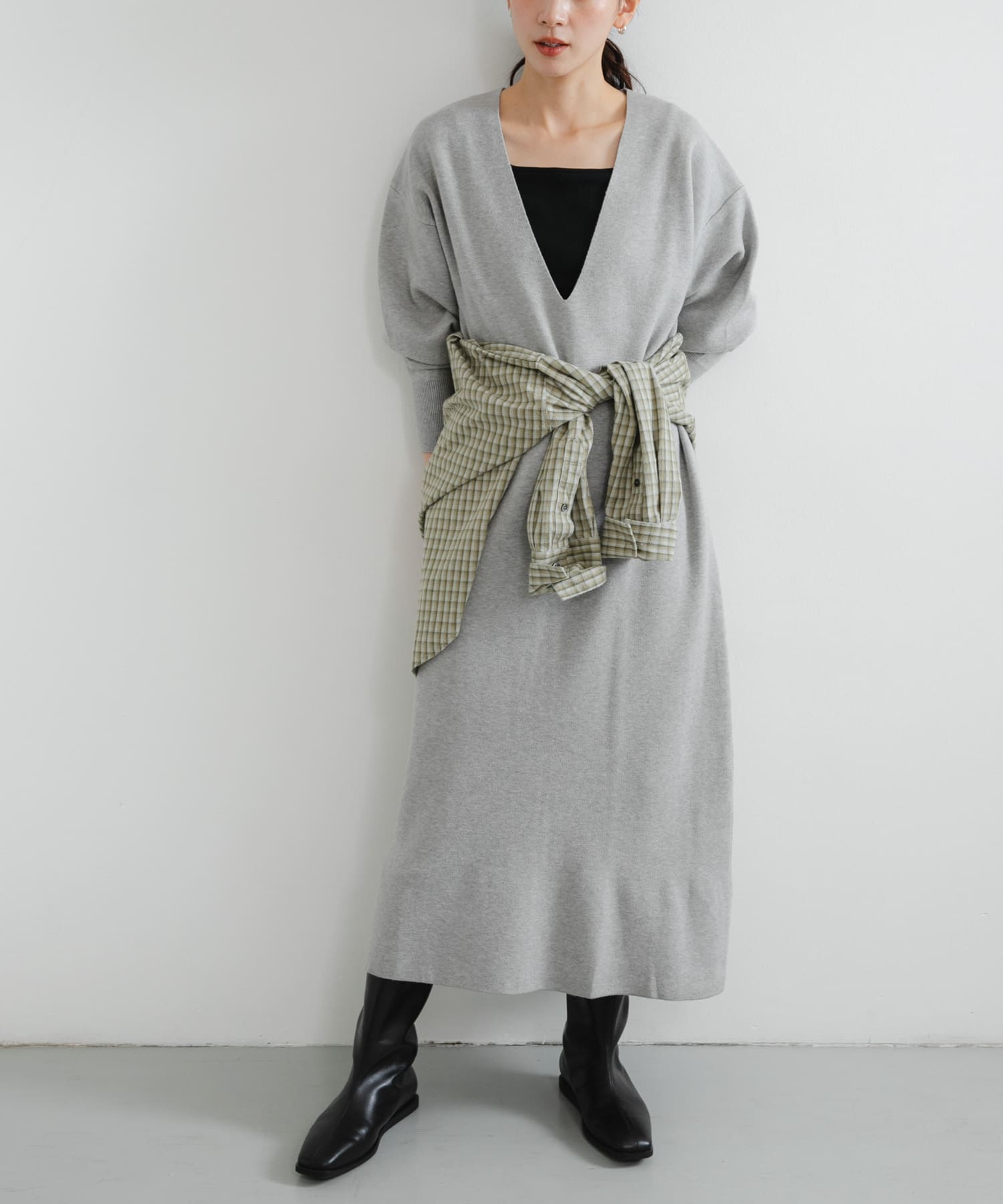 深Vネックニットワンピース GRAY FREE