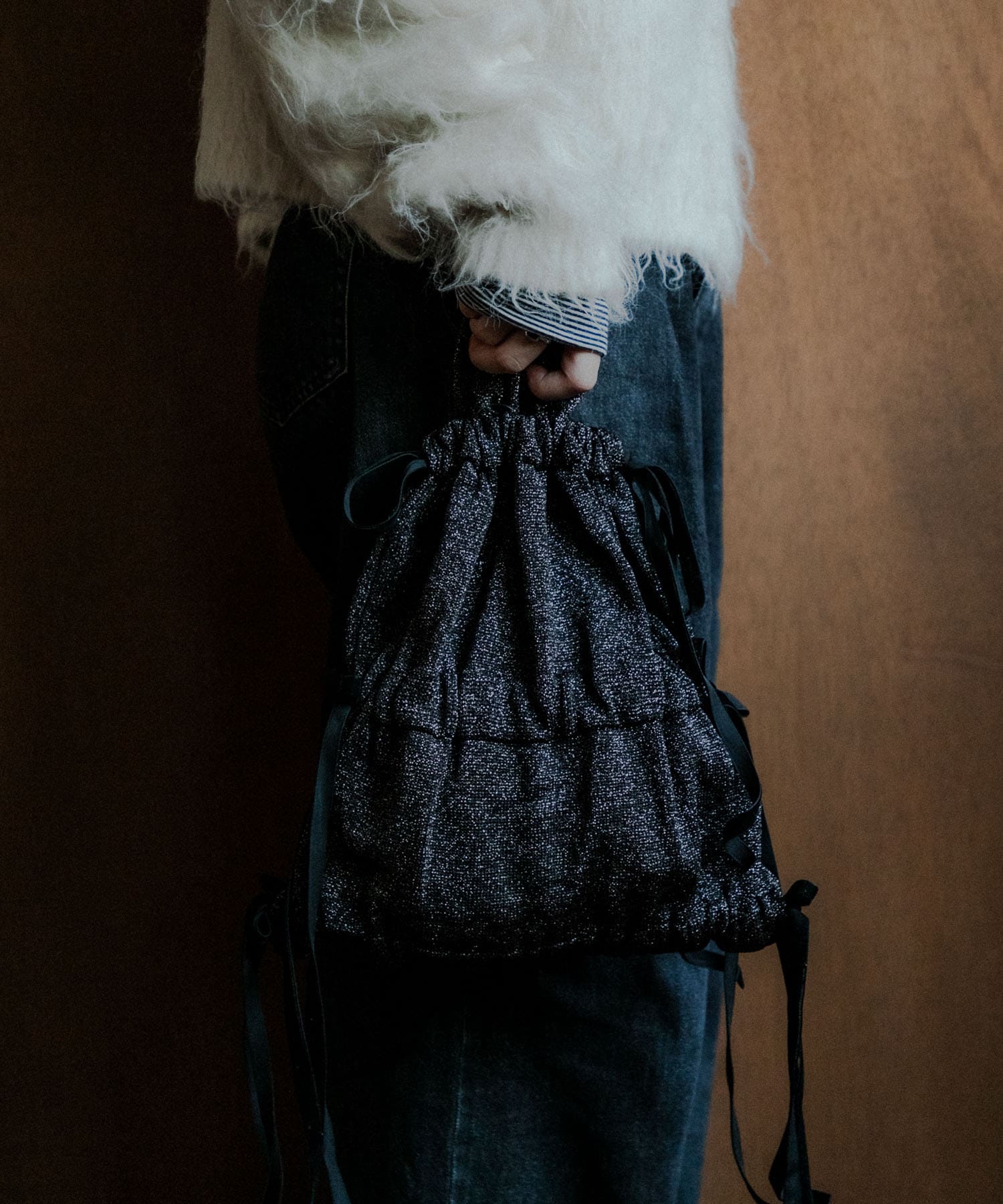 ラメニットリボンバッグ BROWN -