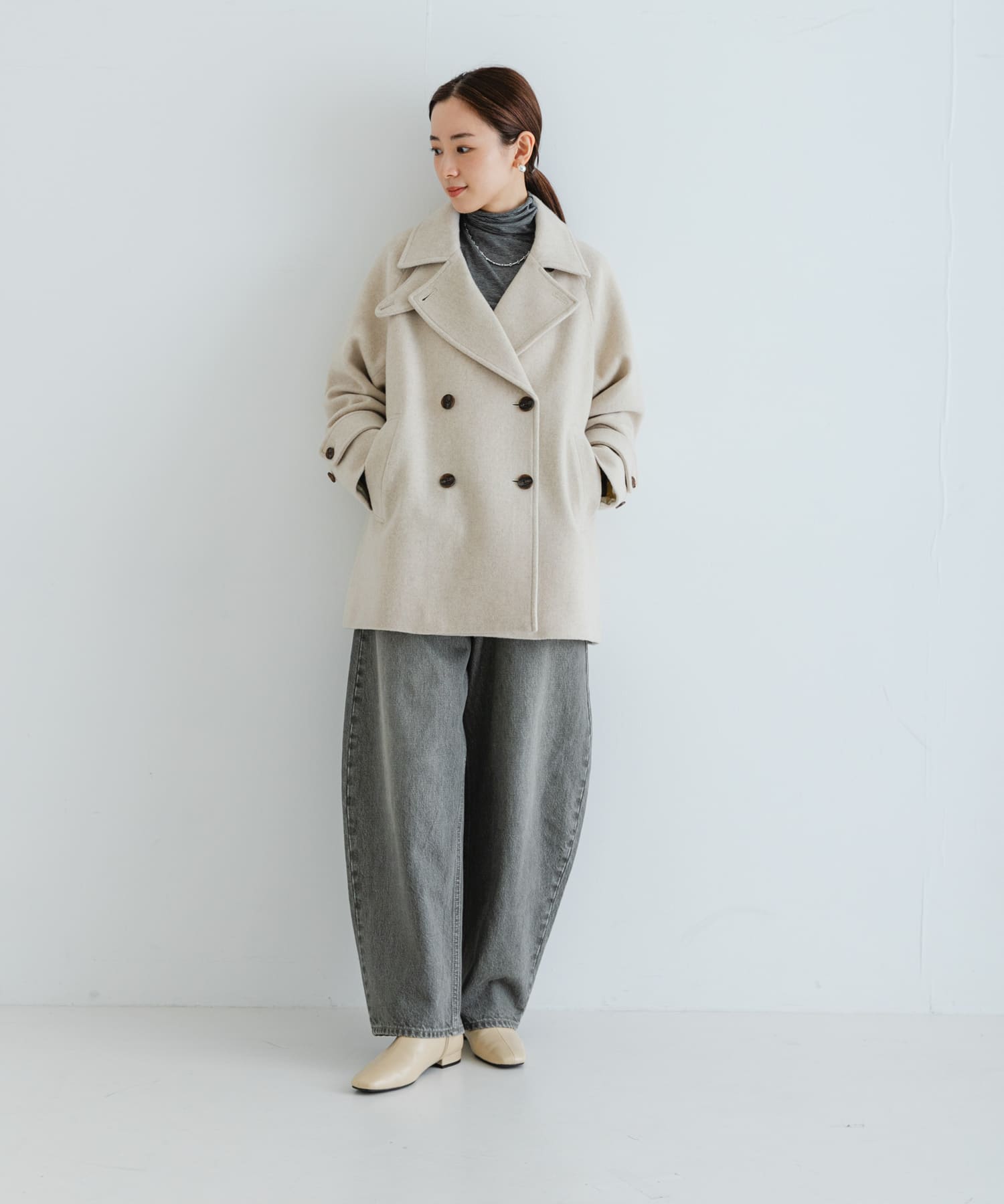 『MADE IN JAPAN』スクエアトゥローヒールショートブーツ IVORY 23.5