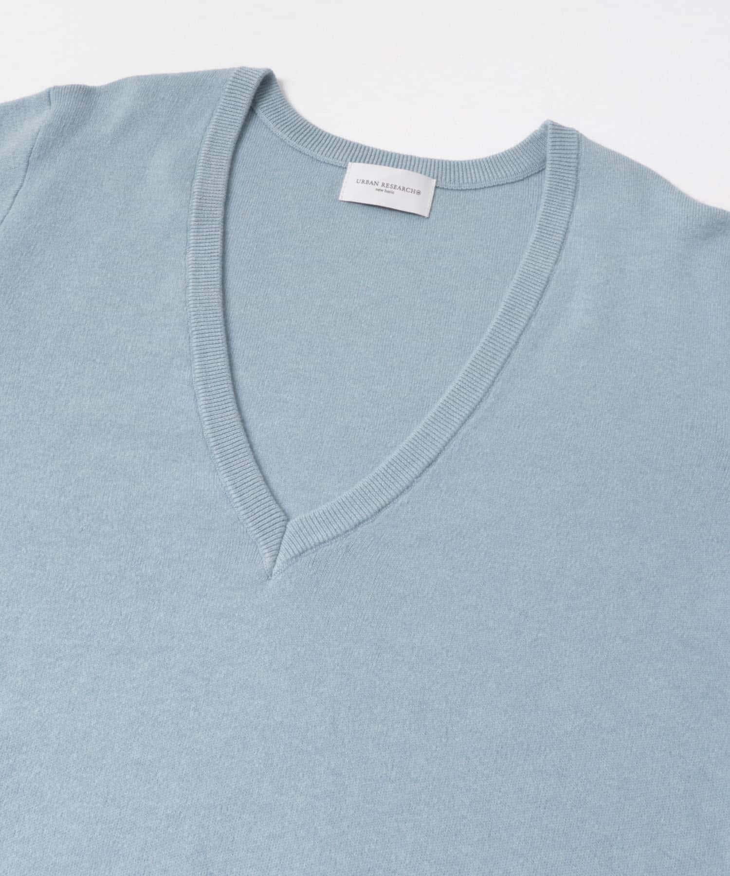 new basic　カシミヤコットンVネックチュニックニット SAX FREE