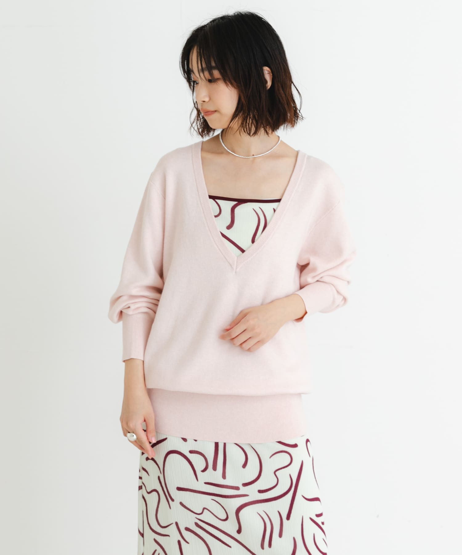 new basic　カシミヤコットンVネックチュニックニット
