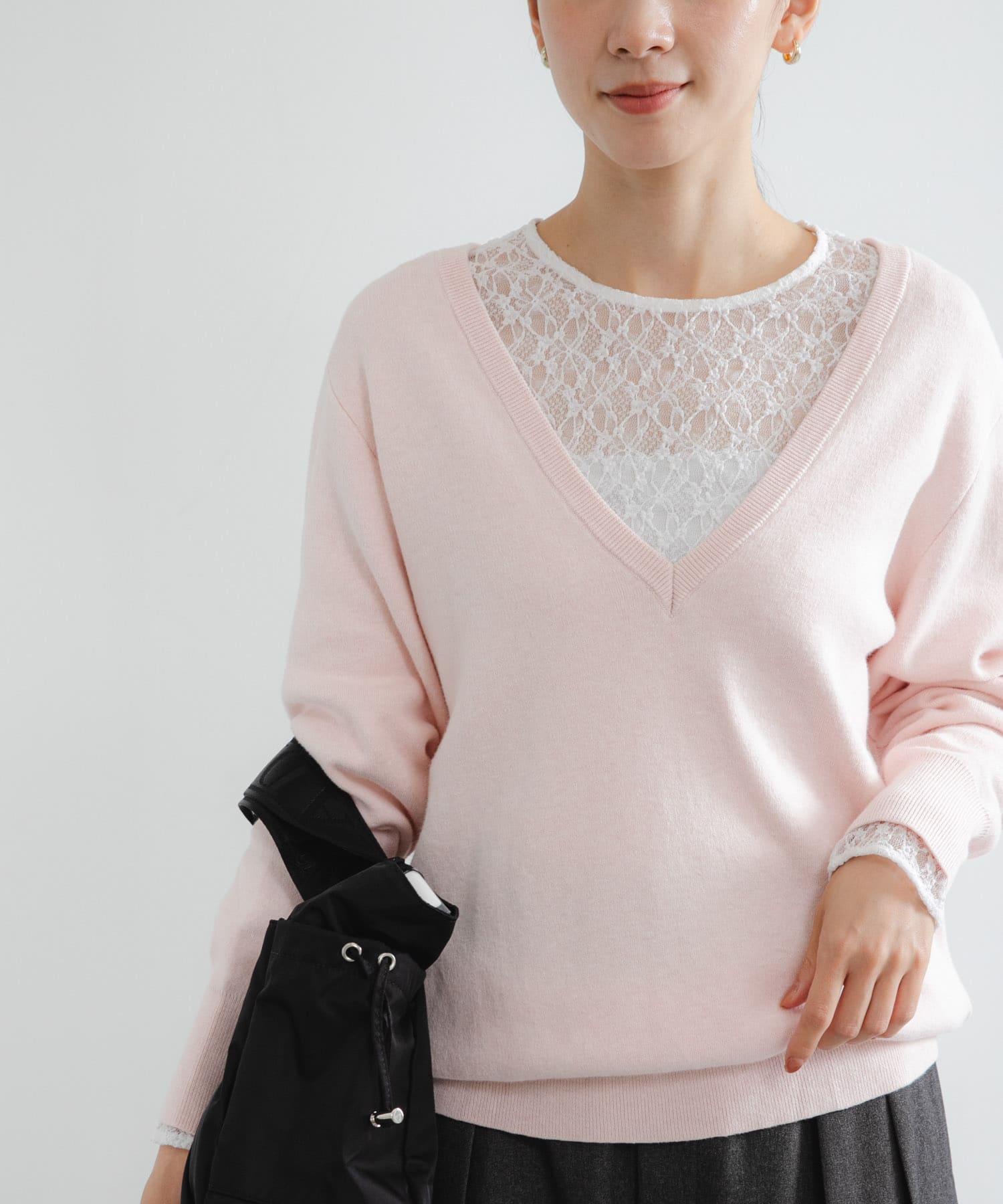 new basic　カシミヤコットンVネックチュニックニット