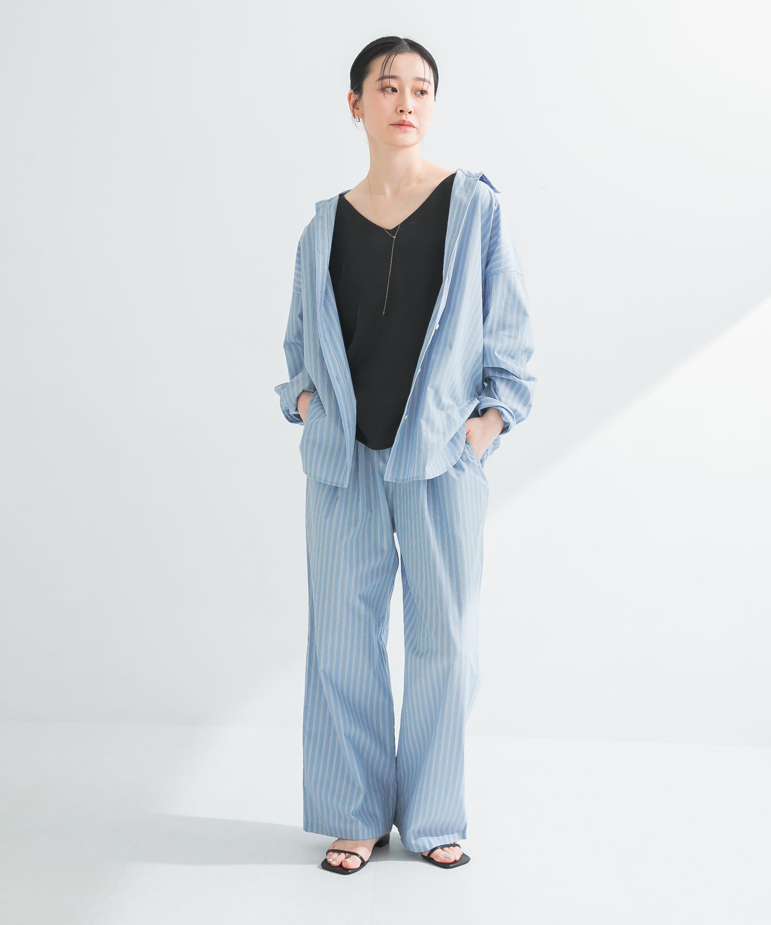 new basic　インドスビンコットンストライプシャツ BLUE FREE