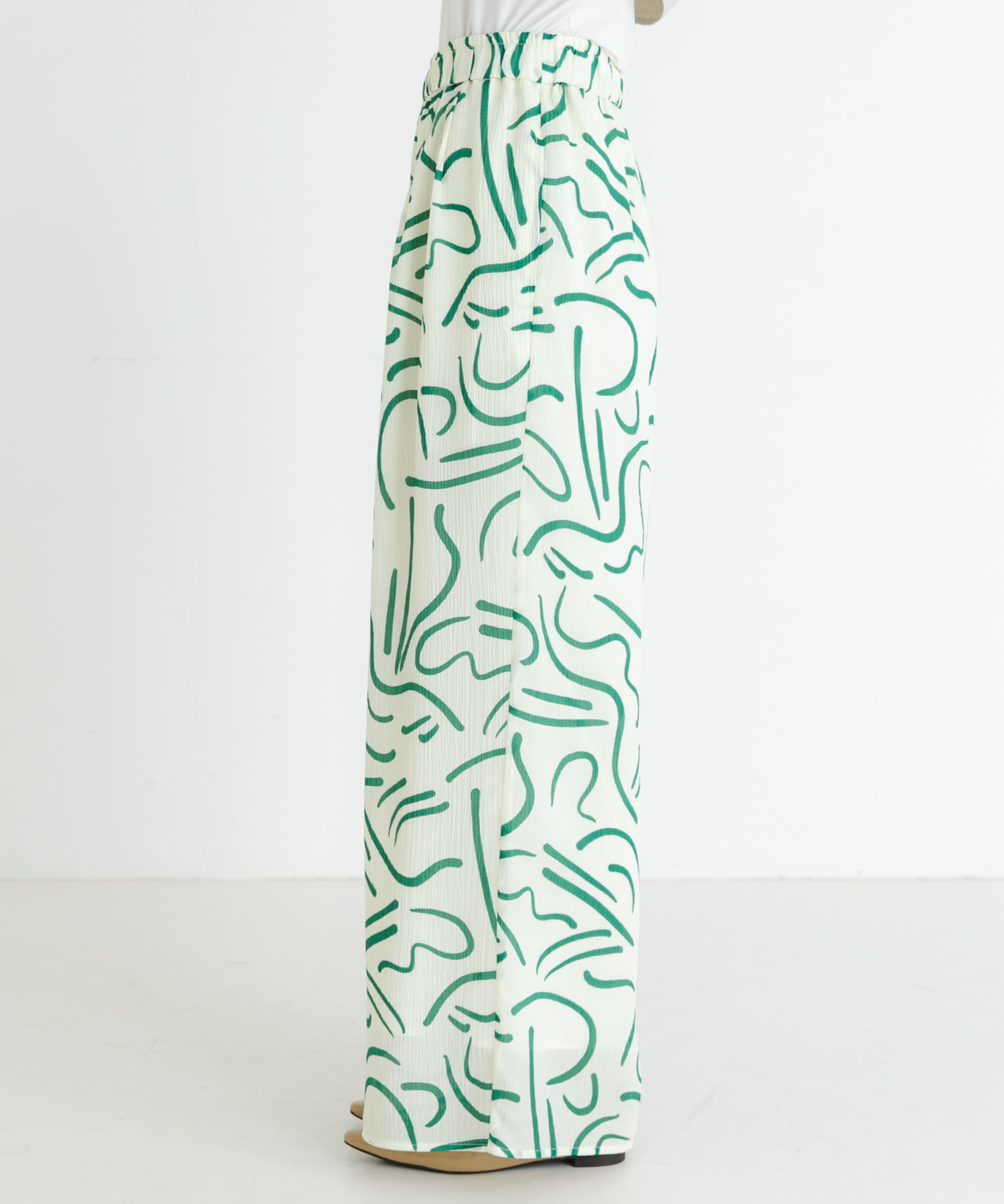 『イージーケア』ドローイングアートプリントパンツ GREEN FREE