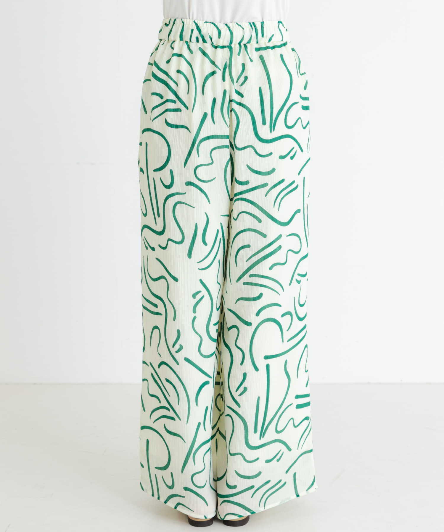 『イージーケア』ドローイングアートプリントパンツ GREEN FREE