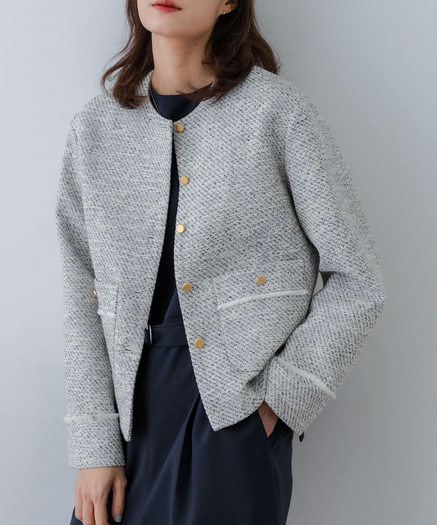 美品 DESIGNWORKS アバハウス ノーカラーツイードジャケット セール】ツィードオーバージャケット/セミオケ（ノーカラー