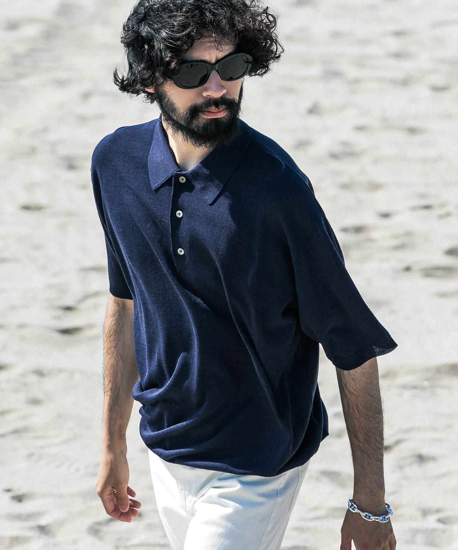 new basic　ウールシルクニットポロ