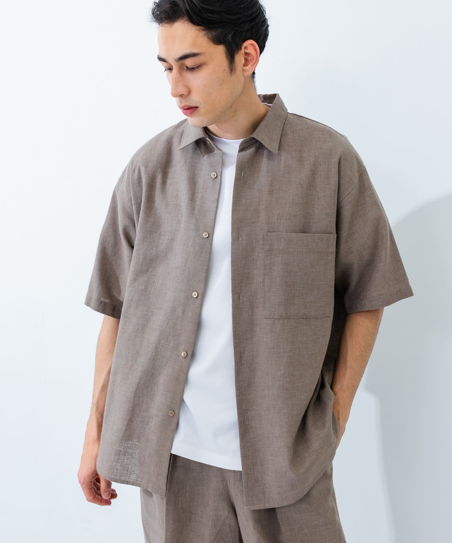 LINEN PIN HEAD SHORT-SLEEVE SHIRTS(M TAUPE): トップス｜URBAN