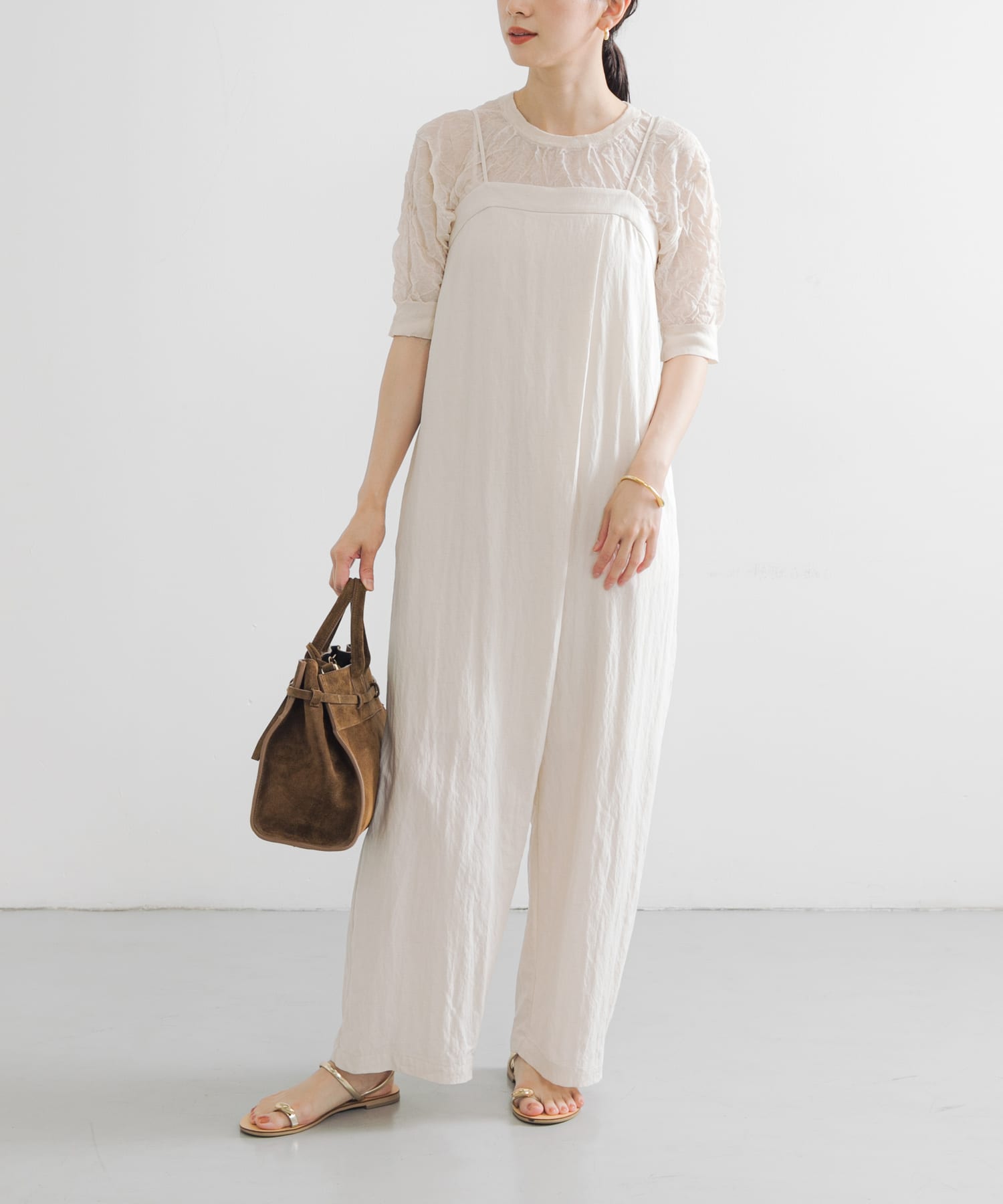 45R コットン リネン 半袖ニット　霜降り　R刺繍　後ろスリット new basic リネン混ワッシャーハーフスリーブニット(FREE YELLOW