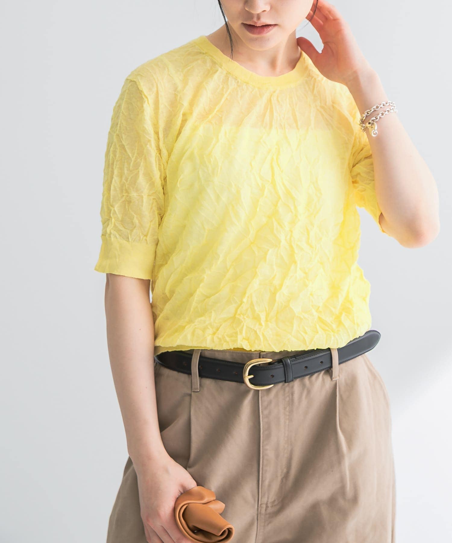 new basic　リネン混ワッシャーハーフスリーブニット