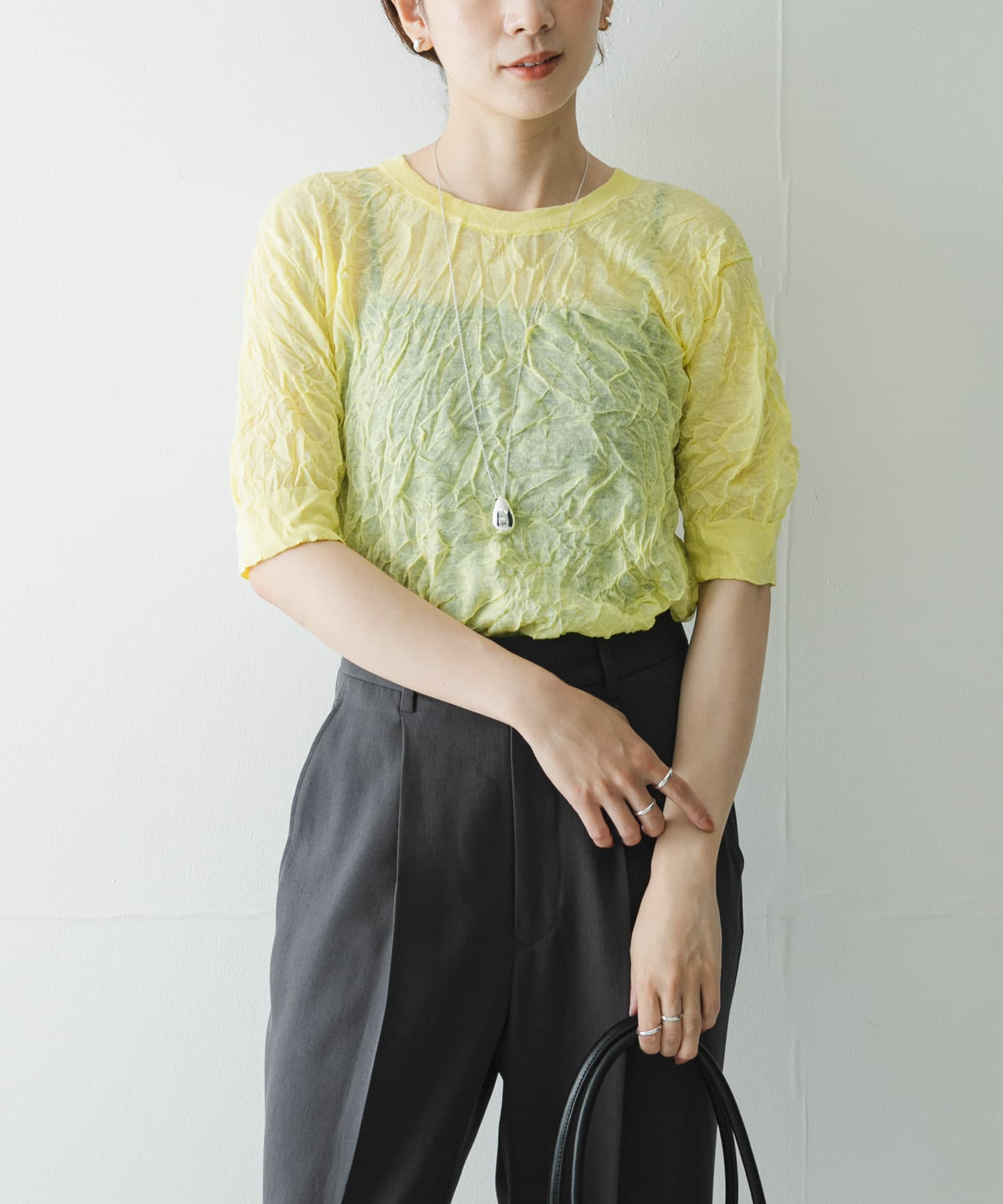 45R　お値下げリネン 5部袖 トップス new basic リネン混ワッシャーハーフスリーブニット(FREE YELLOW